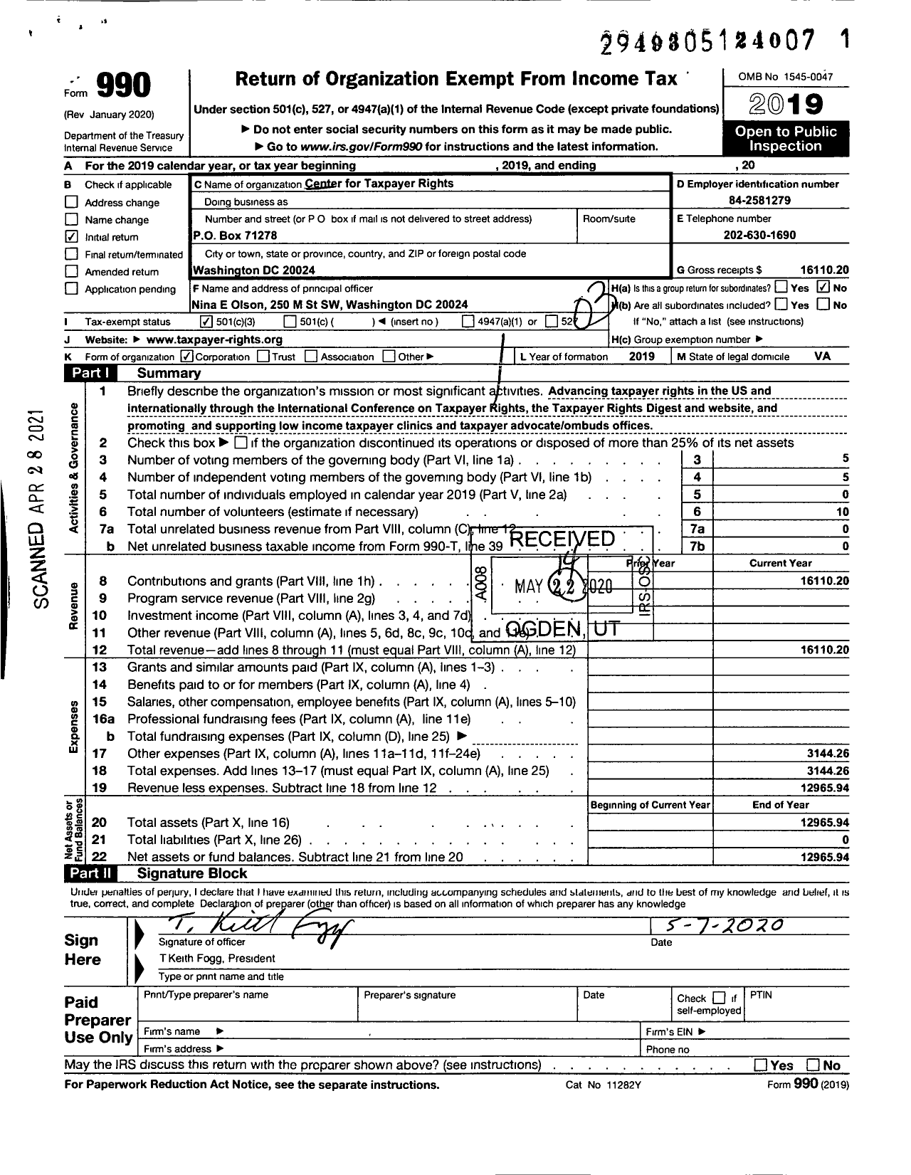 Image of first page of 2019 Form 990 for Center for Taxpayer Rights