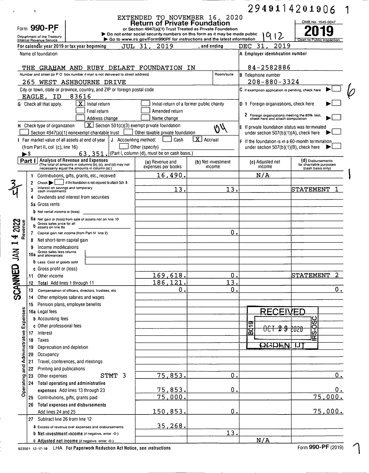 Image of first page of 2019 Form 990PF for The Graham and Ruby Delaet Foundation in