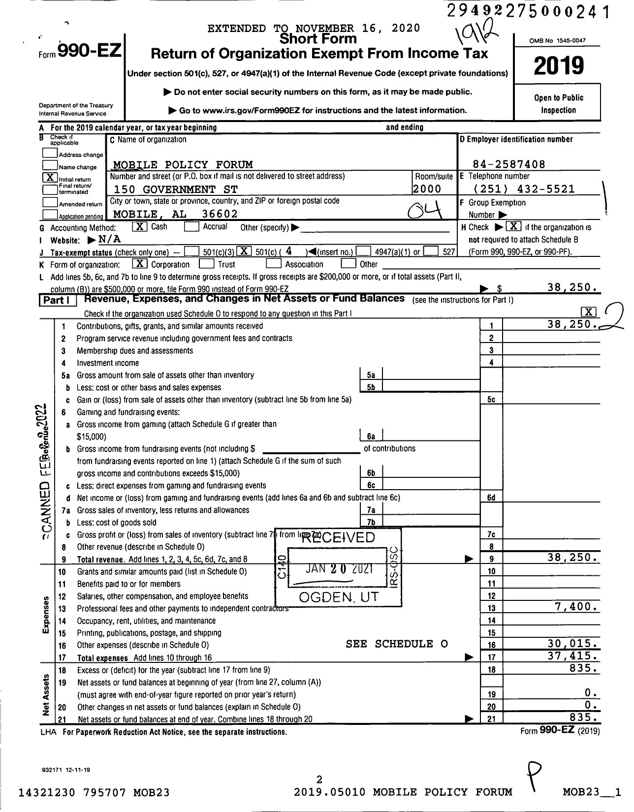Image of first page of 2019 Form 990EO for Mobile Policy Forum