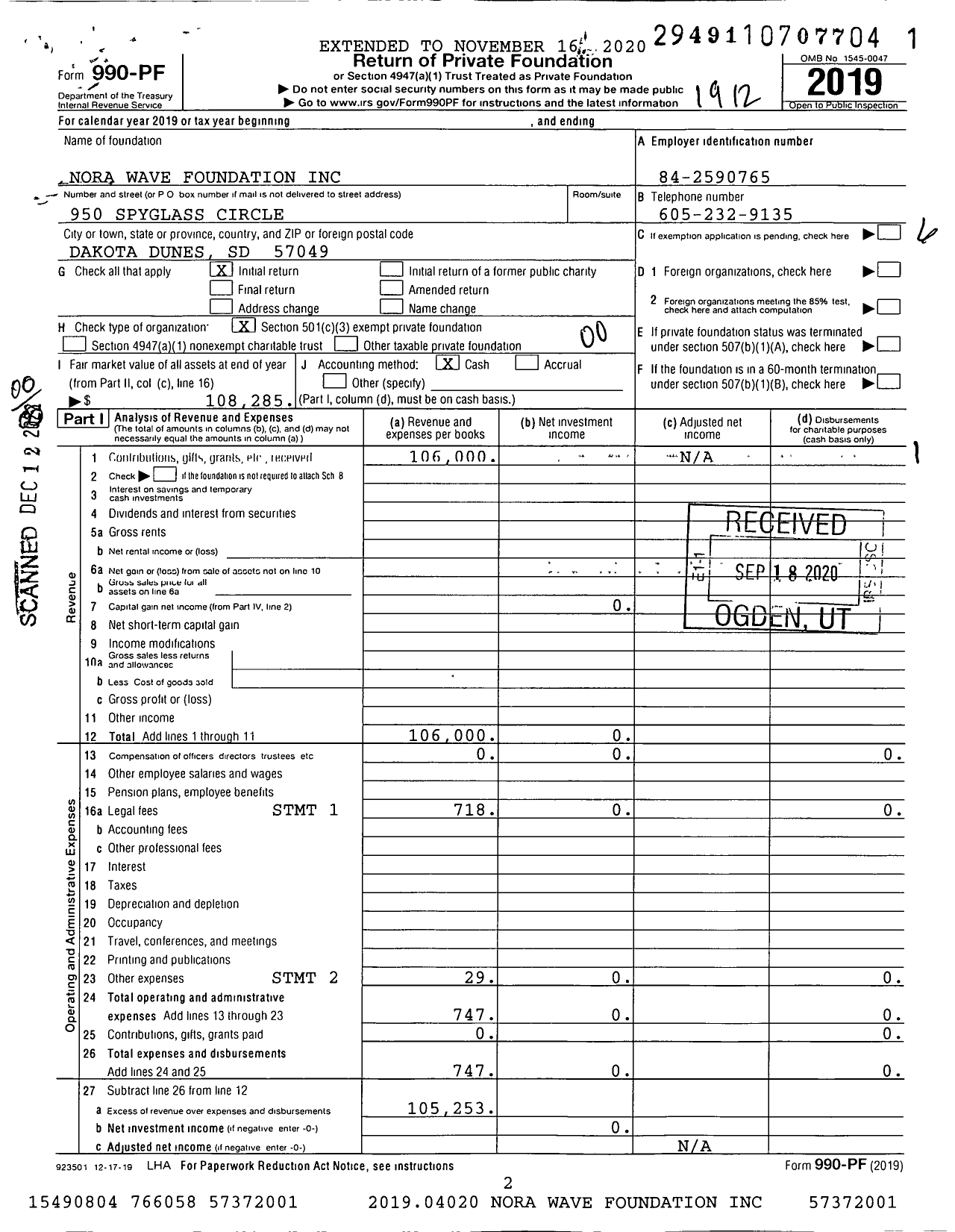 Image of first page of 2019 Form 990PF for Nora Wave Foundation