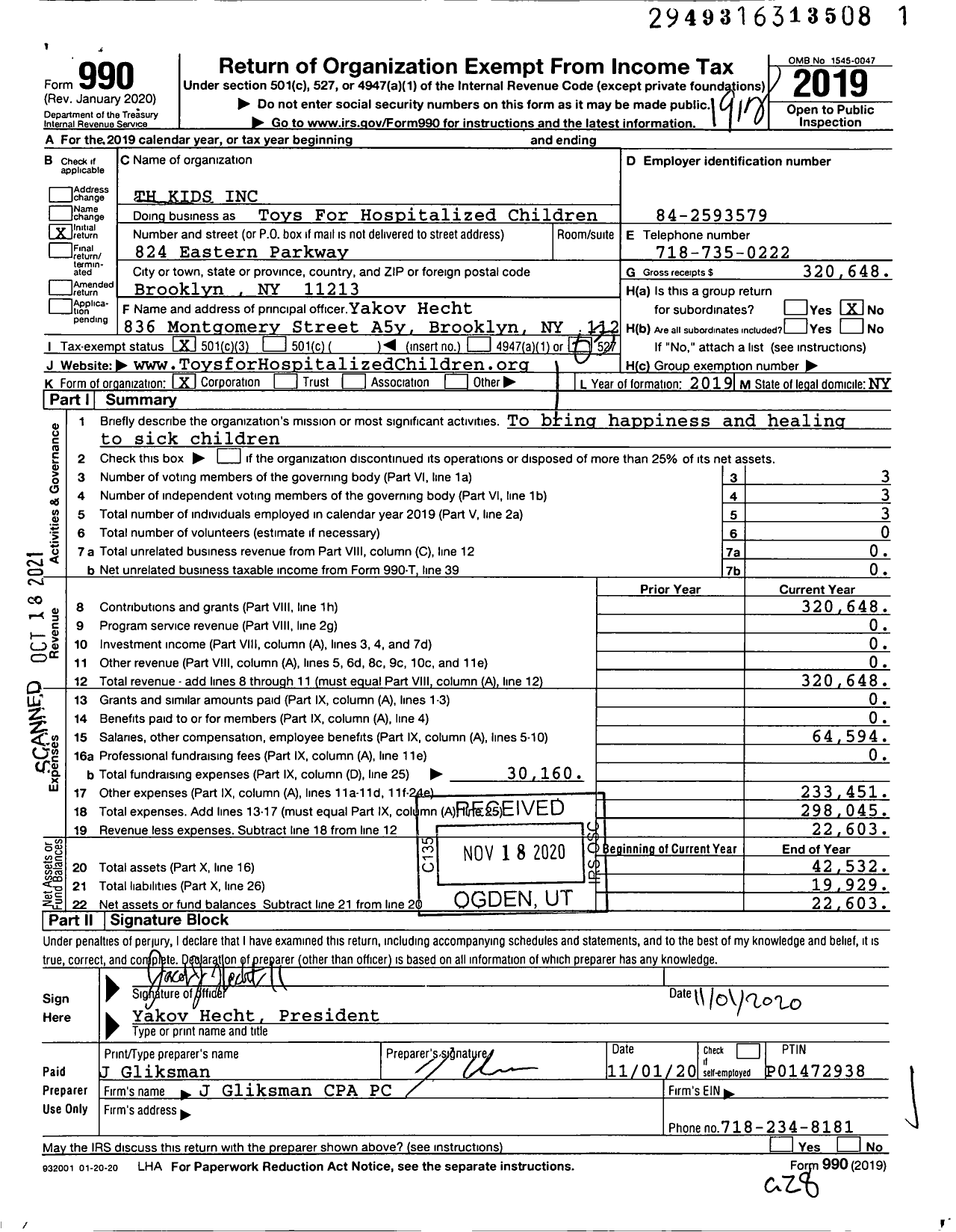 Image of first page of 2019 Form 990 for Toys for Hospitalized Children