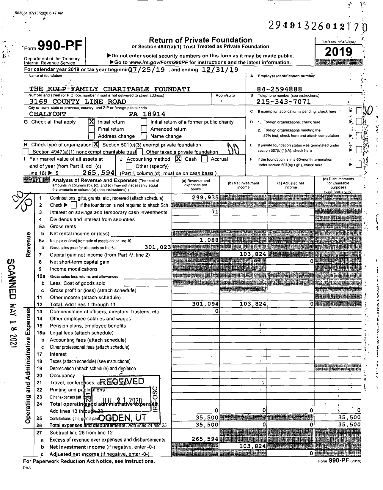 Image of first page of 2019 Form 990PF for The Kulp Family Charitable Foundation