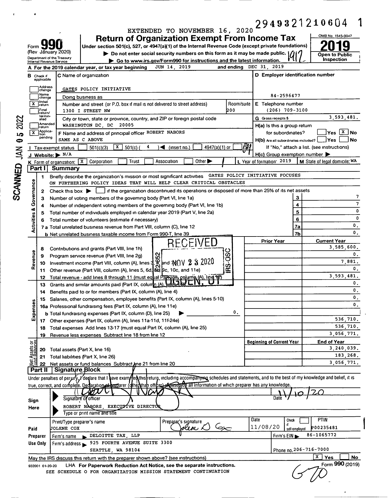 Image of first page of 2019 Form 990O for Gates Policy Initiative