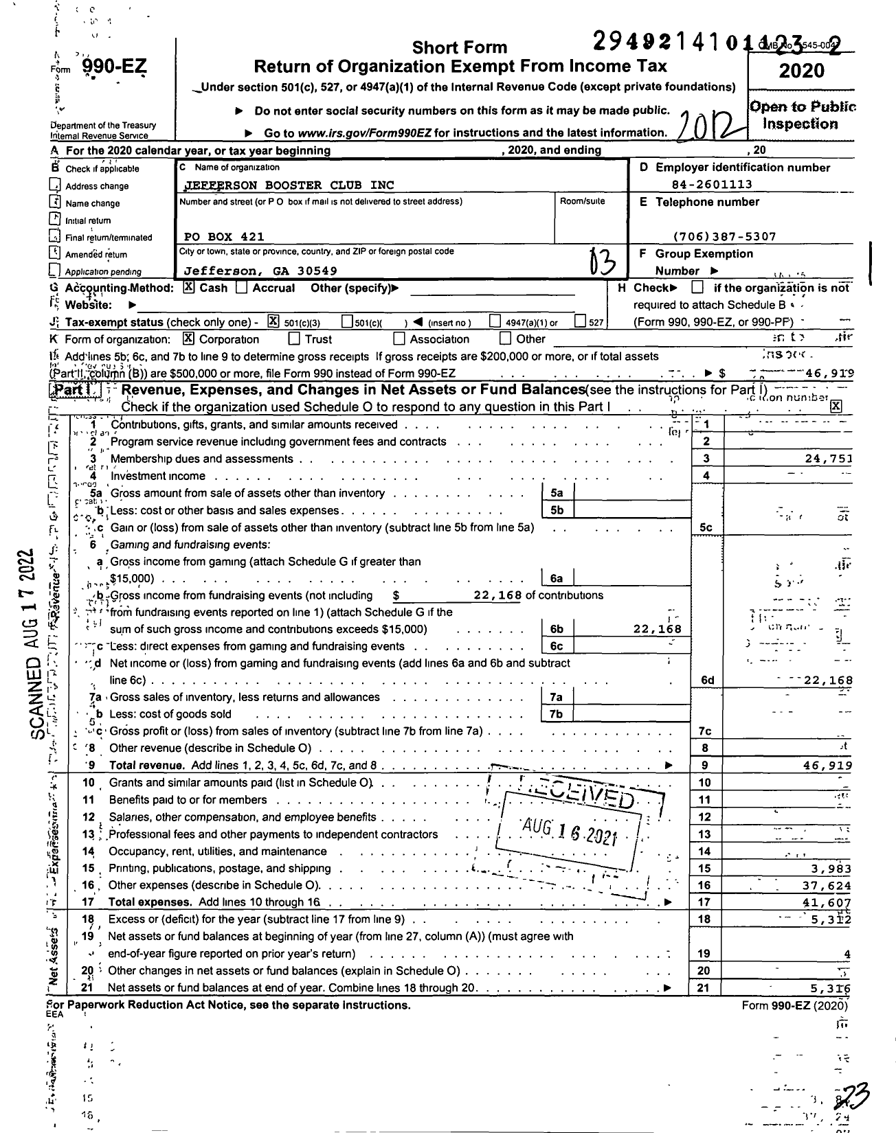 Image of first page of 2020 Form 990EZ for Jefferson Booster Club