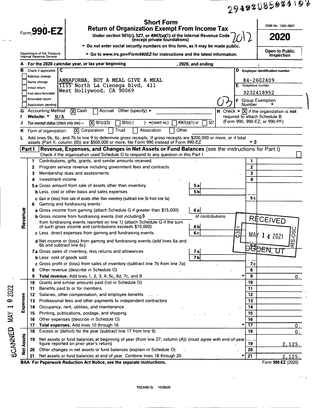 Image of first page of 2020 Form 990EZ for Annapurna Buy A Meal Give A Meal