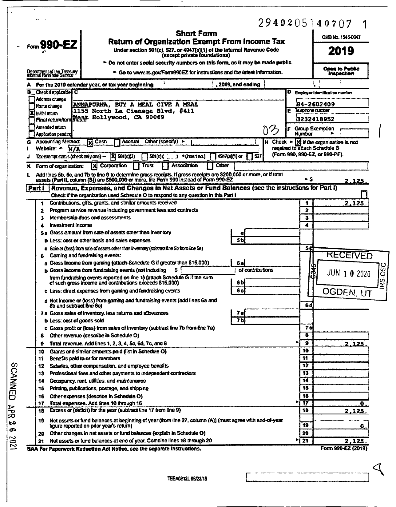 Image of first page of 2019 Form 990EZ for Annapurna Buy A Meal Give A Meal