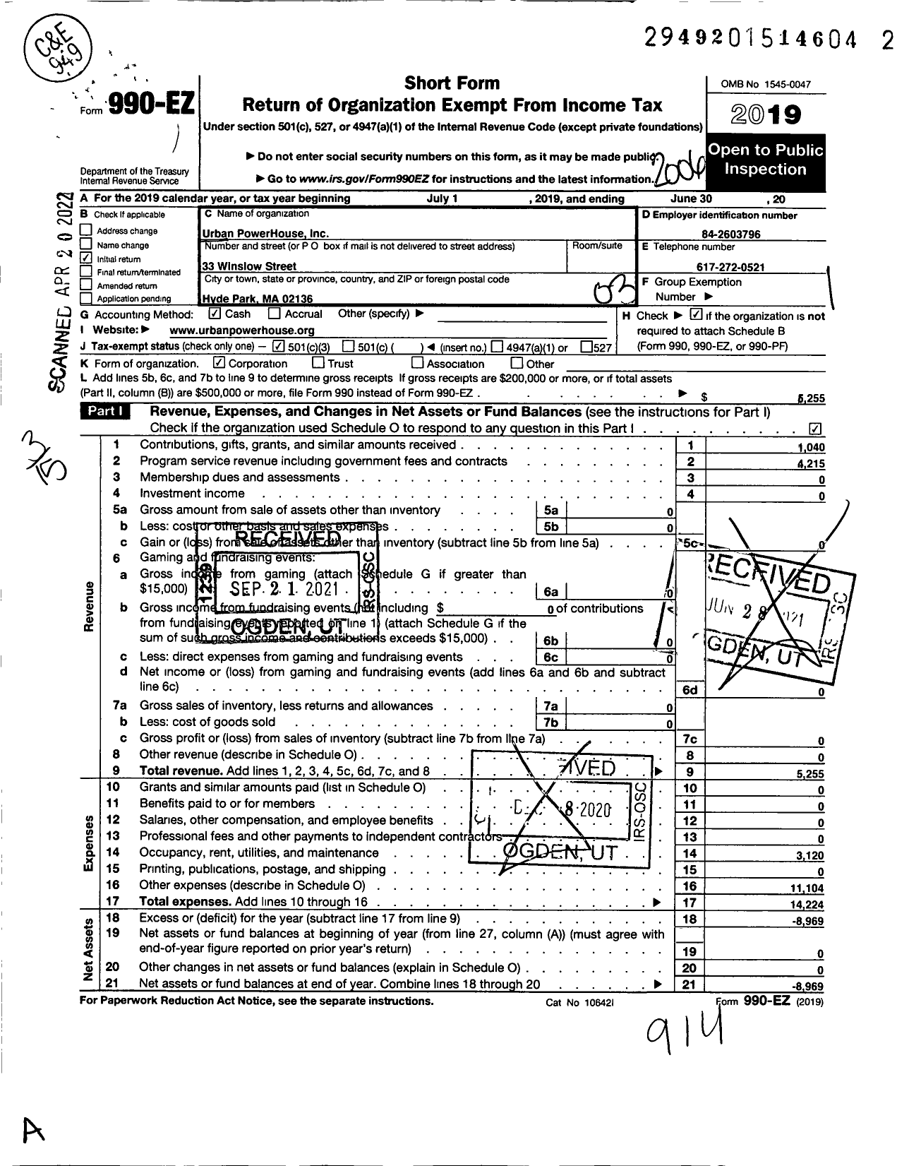 Image of first page of 2019 Form 990EZ for Urban Powerhouse