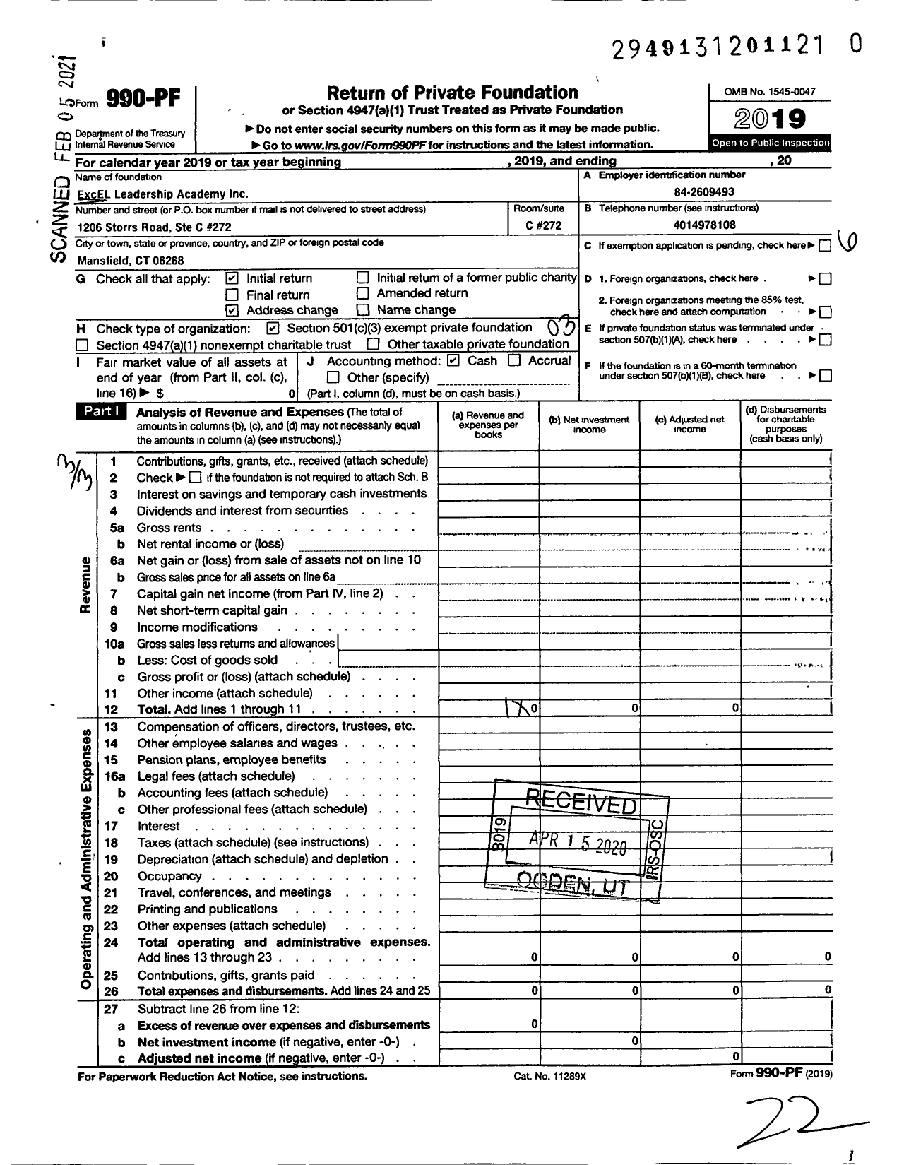 Image of first page of 2019 Form 990PF for Excel Leadership Academy