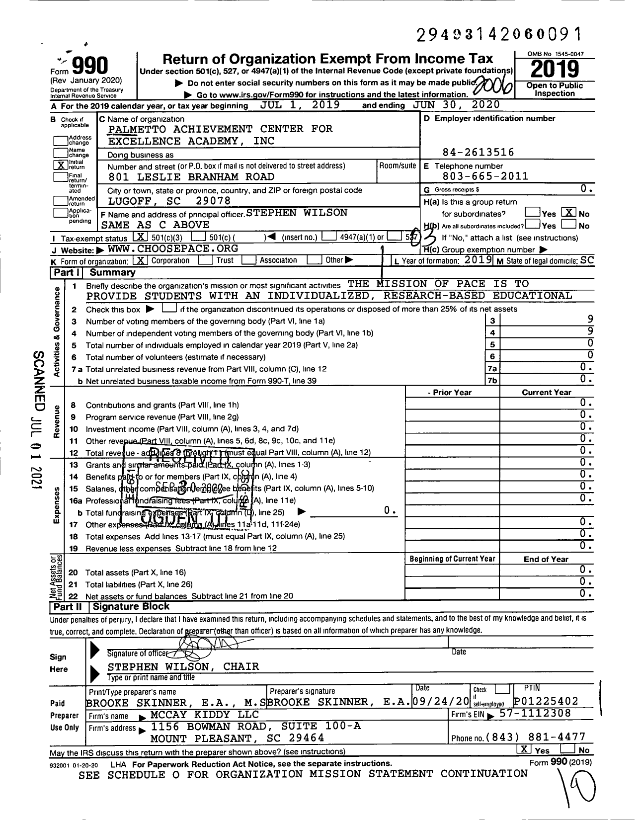 Image of first page of 2019 Form 990 for Palmetto Achievement Center for Excellence Academy