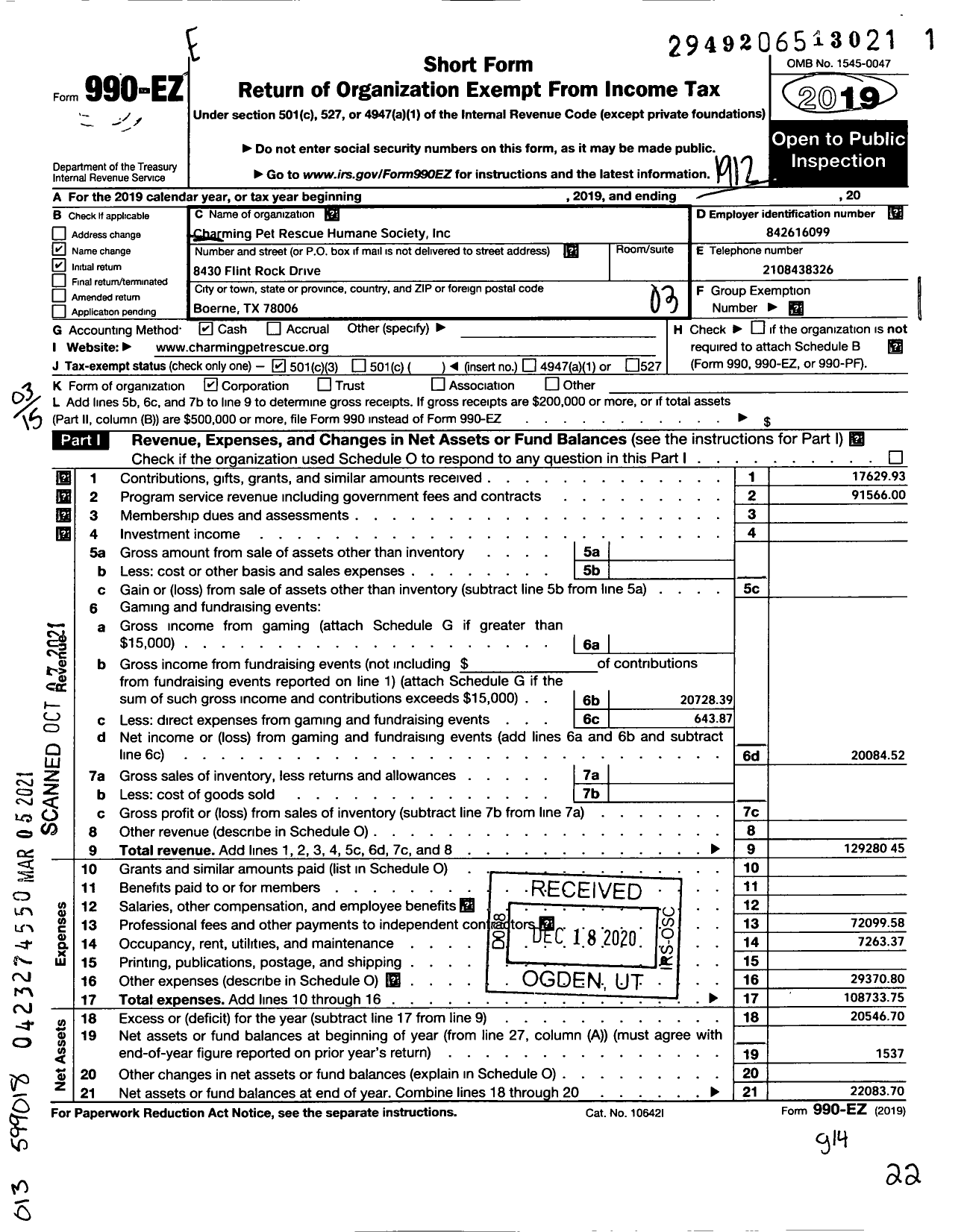 Image of first page of 2019 Form 990EZ for Charming Pet Rescue Humane Society