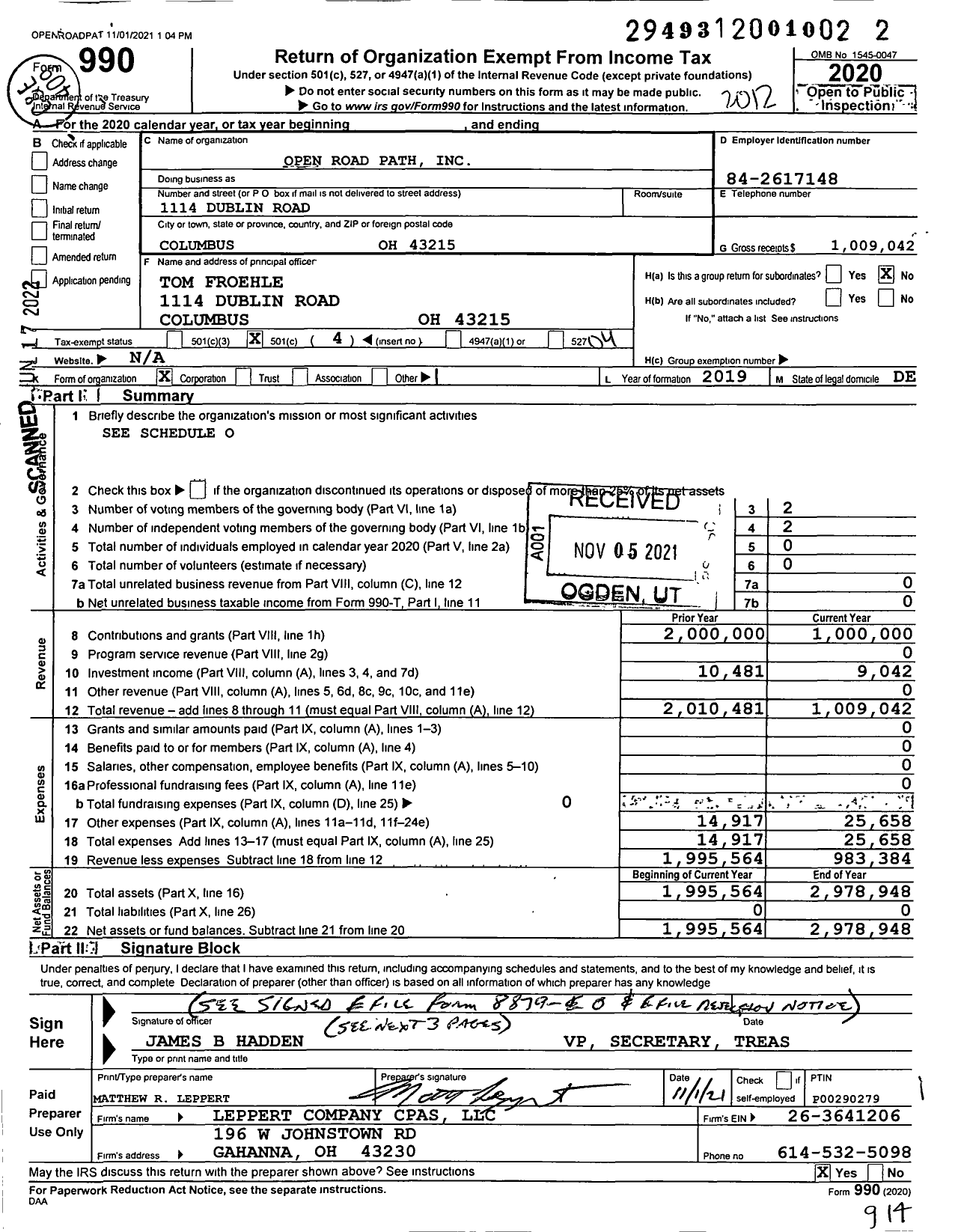 Image of first page of 2020 Form 990O for Open Road Path