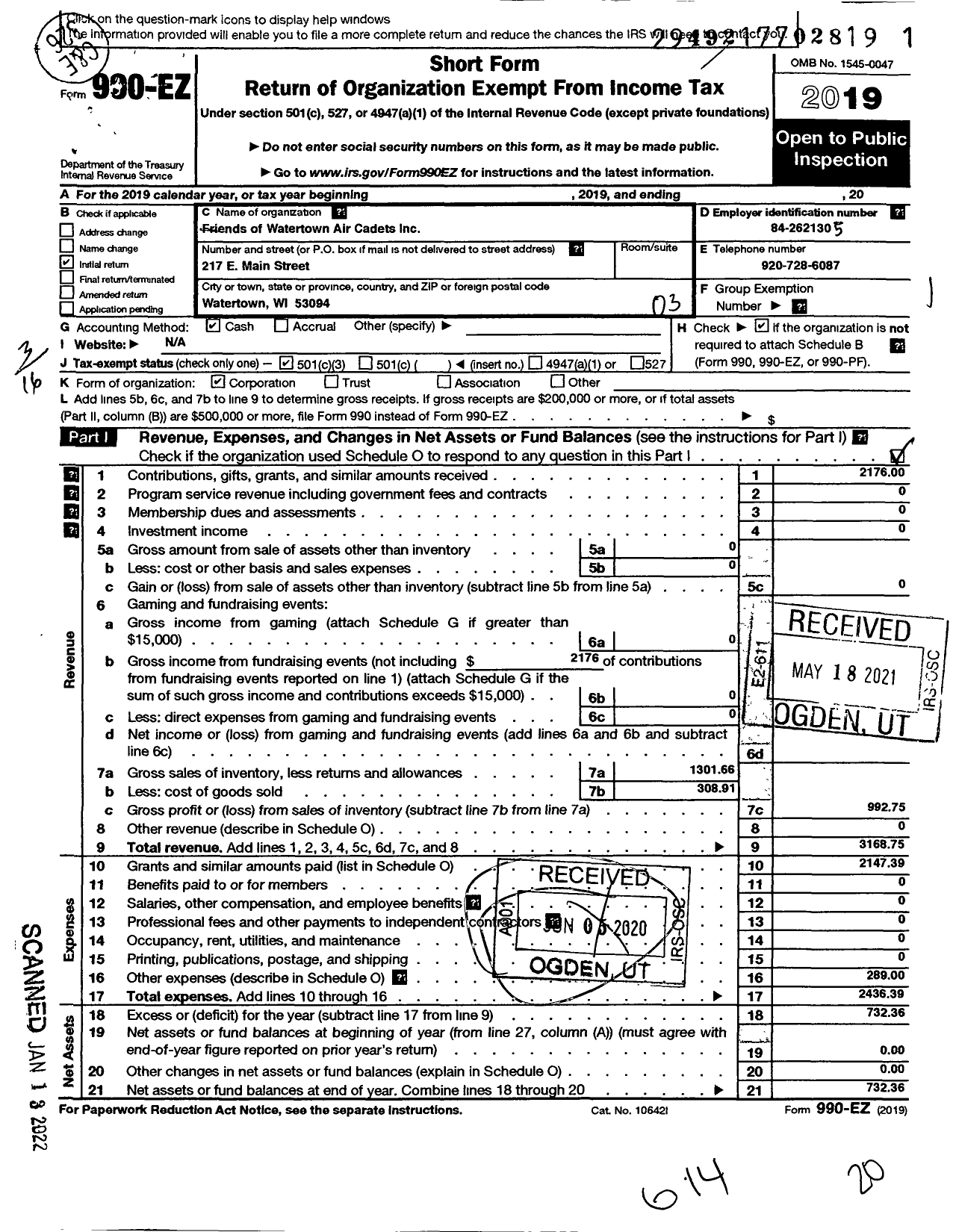 Image of first page of 2019 Form 990EZ for Friends of Watertown Air Cadets