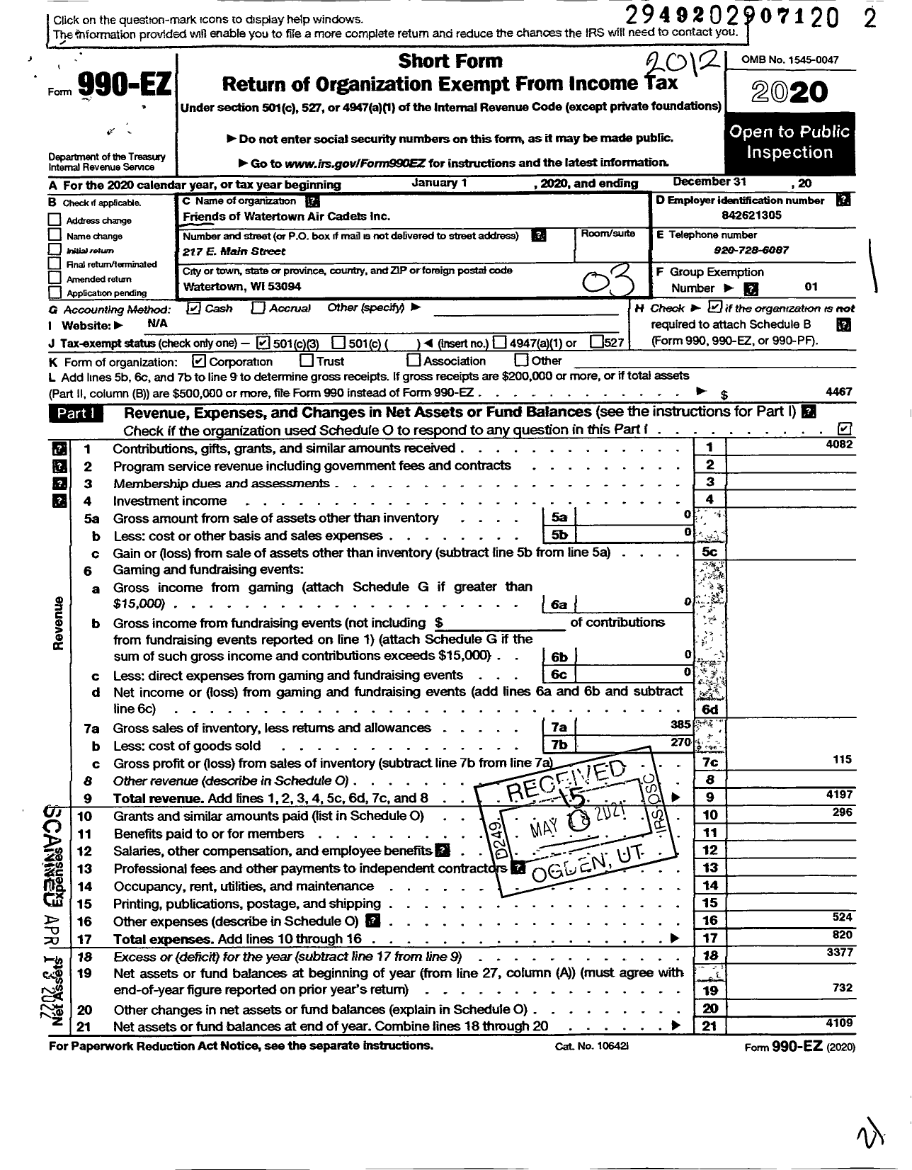 Image of first page of 2020 Form 990EZ for Friends of Watertown Air Cadets