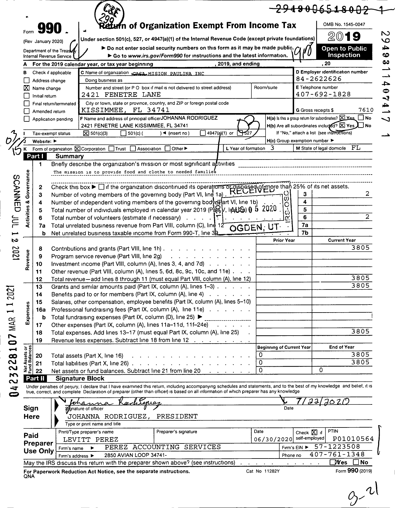 Image of first page of 2019 Form 990 for Casa Mission Paulina