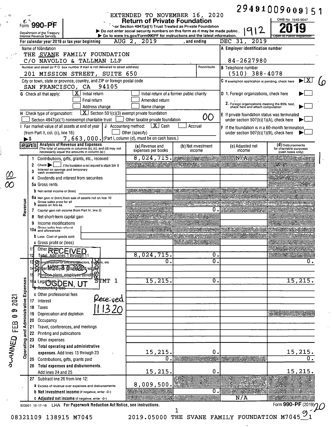 Image of first page of 2019 Form 990PF for The Svane Family Foundation