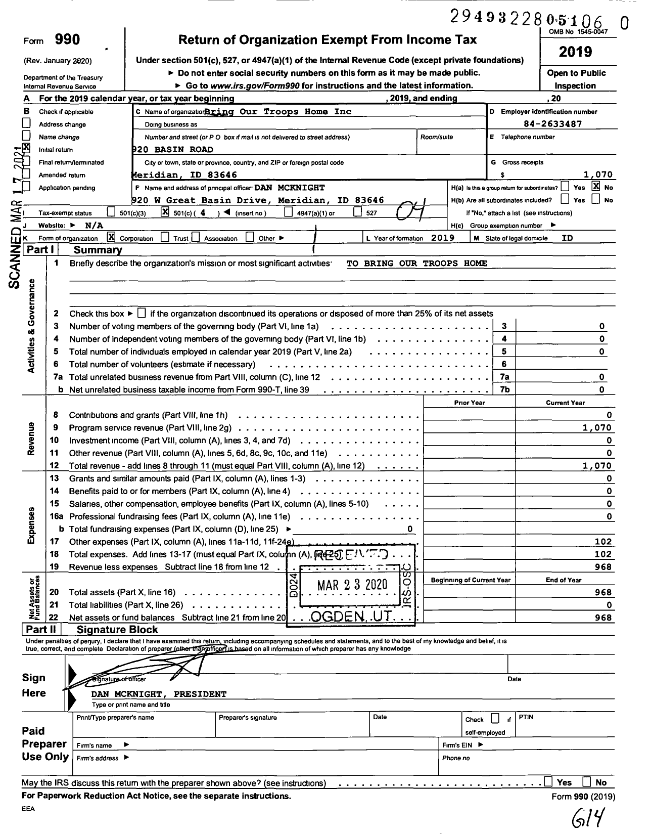 Image of first page of 2019 Form 990O for Bring Our Troops Home