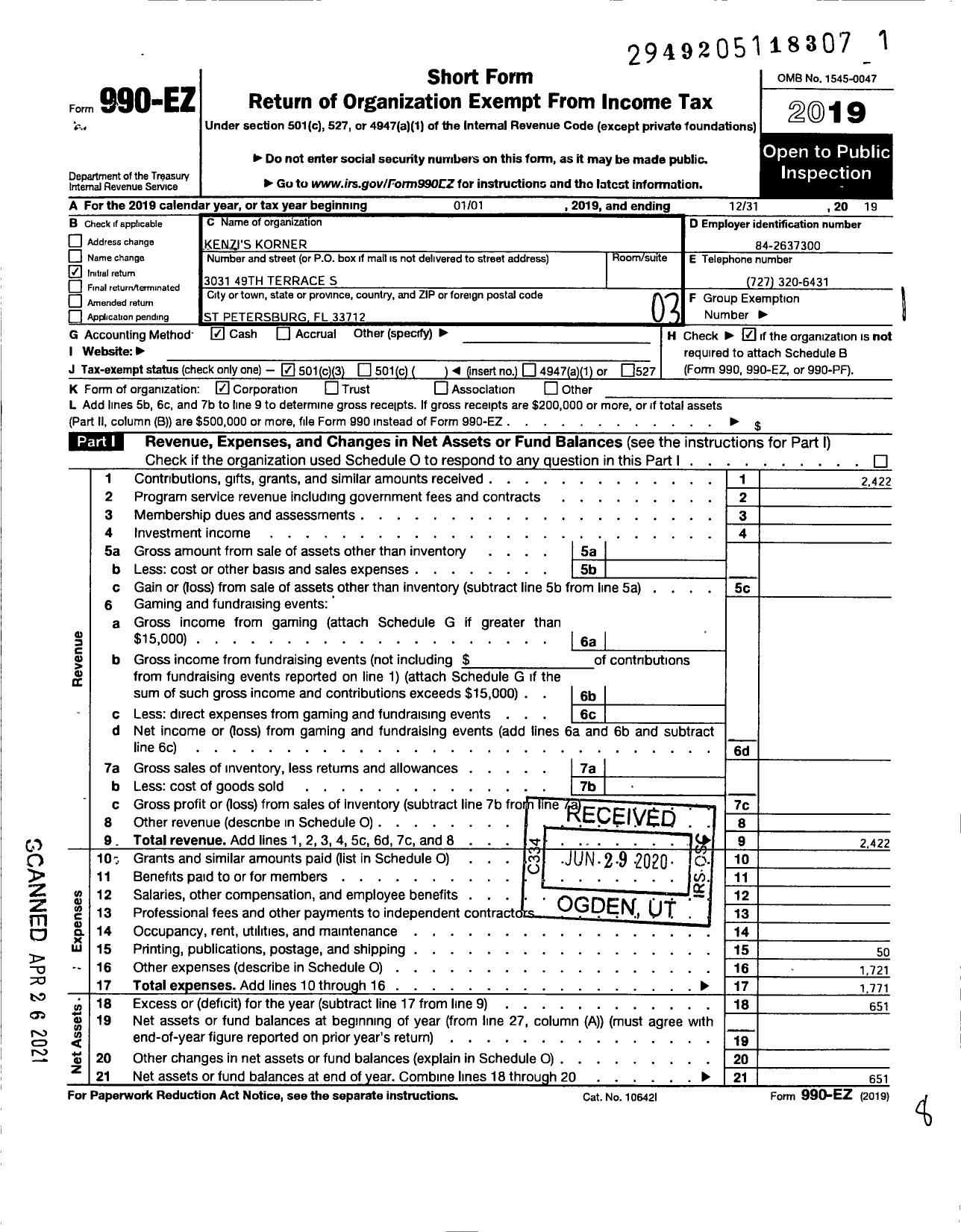 Image of first page of 2019 Form 990EZ for Kenzis Korner