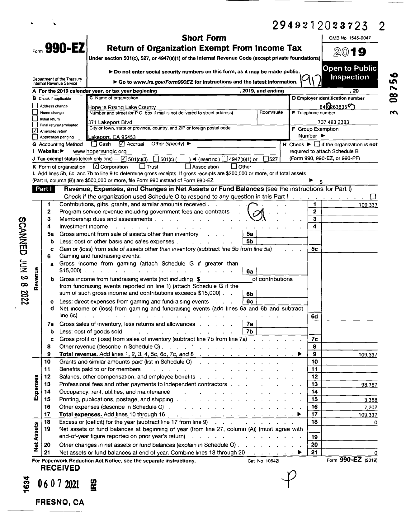 Image of first page of 2019 Form 990EZ for Hope Is Rising Lake County