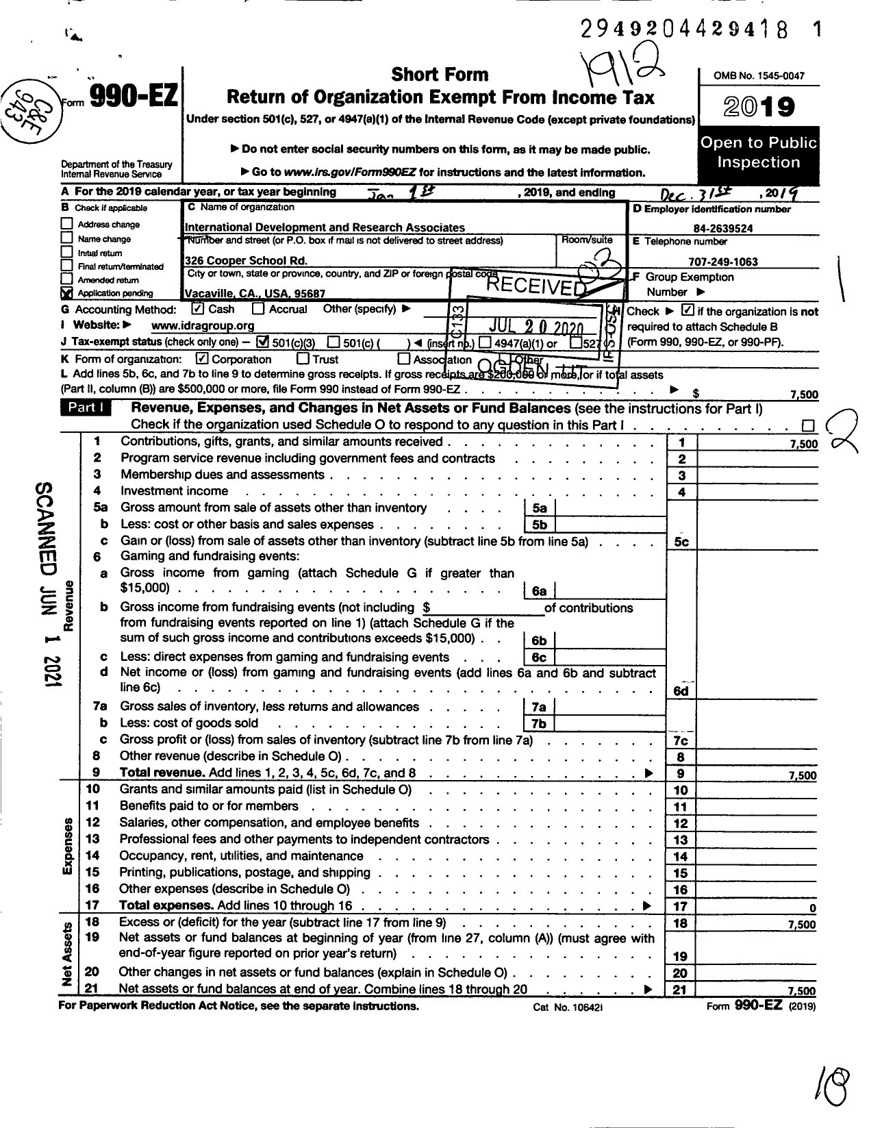 Image of first page of 2019 Form 990EZ for International Development and Research Associates