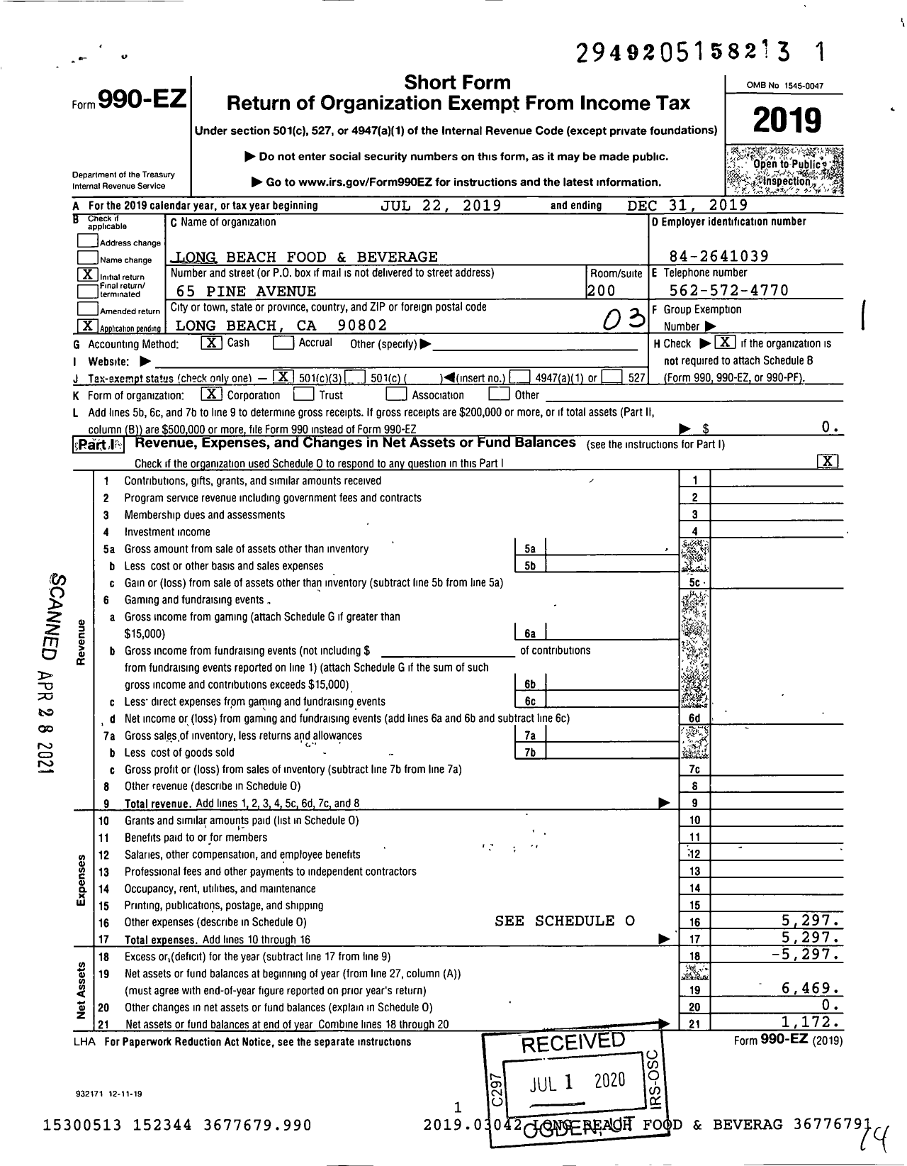 Image of first page of 2019 Form 990EZ for Long Beach Food & Beverage