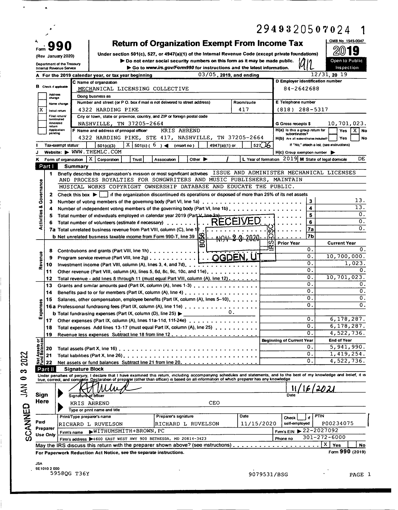 Image of first page of 2019 Form 990O for Mechanical Licensing Collective