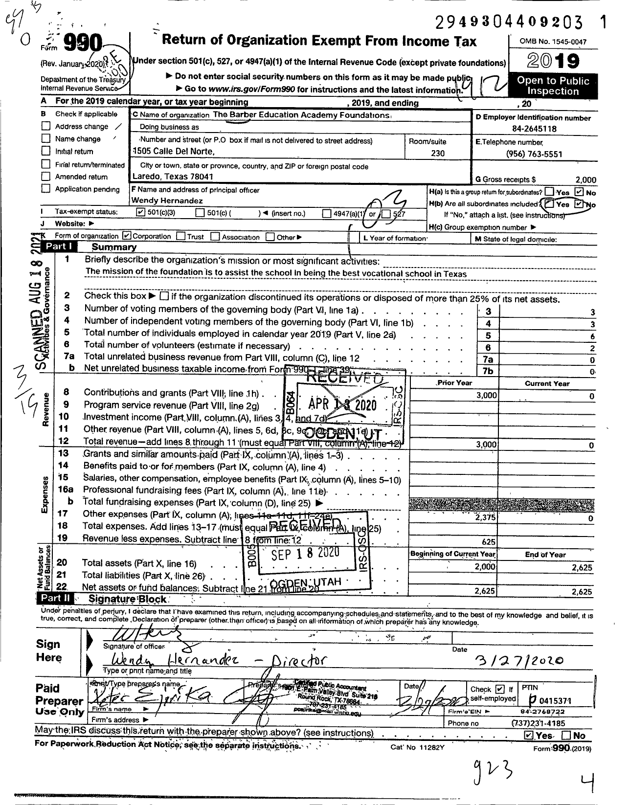 Image of first page of 2019 Form 990 for Barber Education Academy Foundation