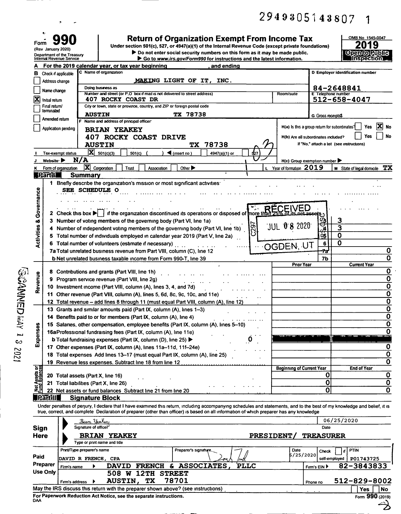 Image of first page of 2019 Form 990 for Making Light of It