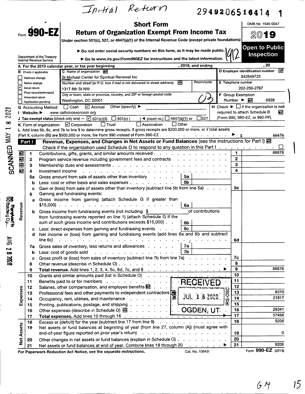 Image of first page of 2019 Form 990EZ for St Michael Center for Spiritual Renewal