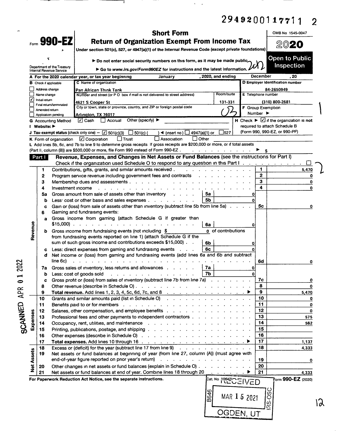 Image of first page of 2020 Form 990EZ for Pan African Think Tank