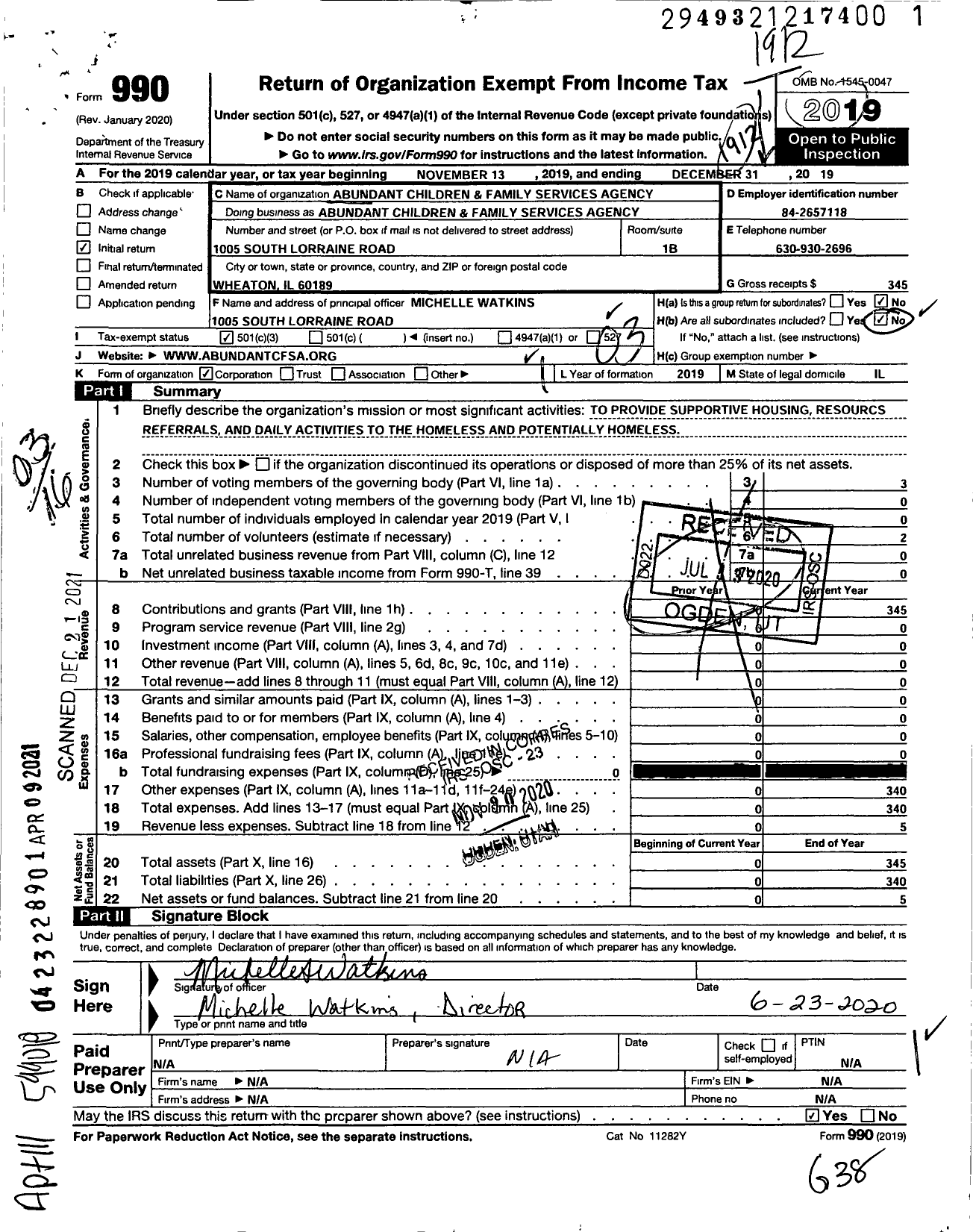 Image of first page of 2019 Form 990 for Abundant Children and Family Services Agency