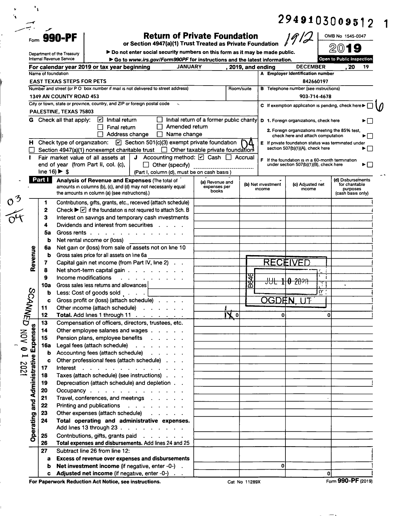 Image of first page of 2019 Form 990PF for East Texas Steps for (PETS)