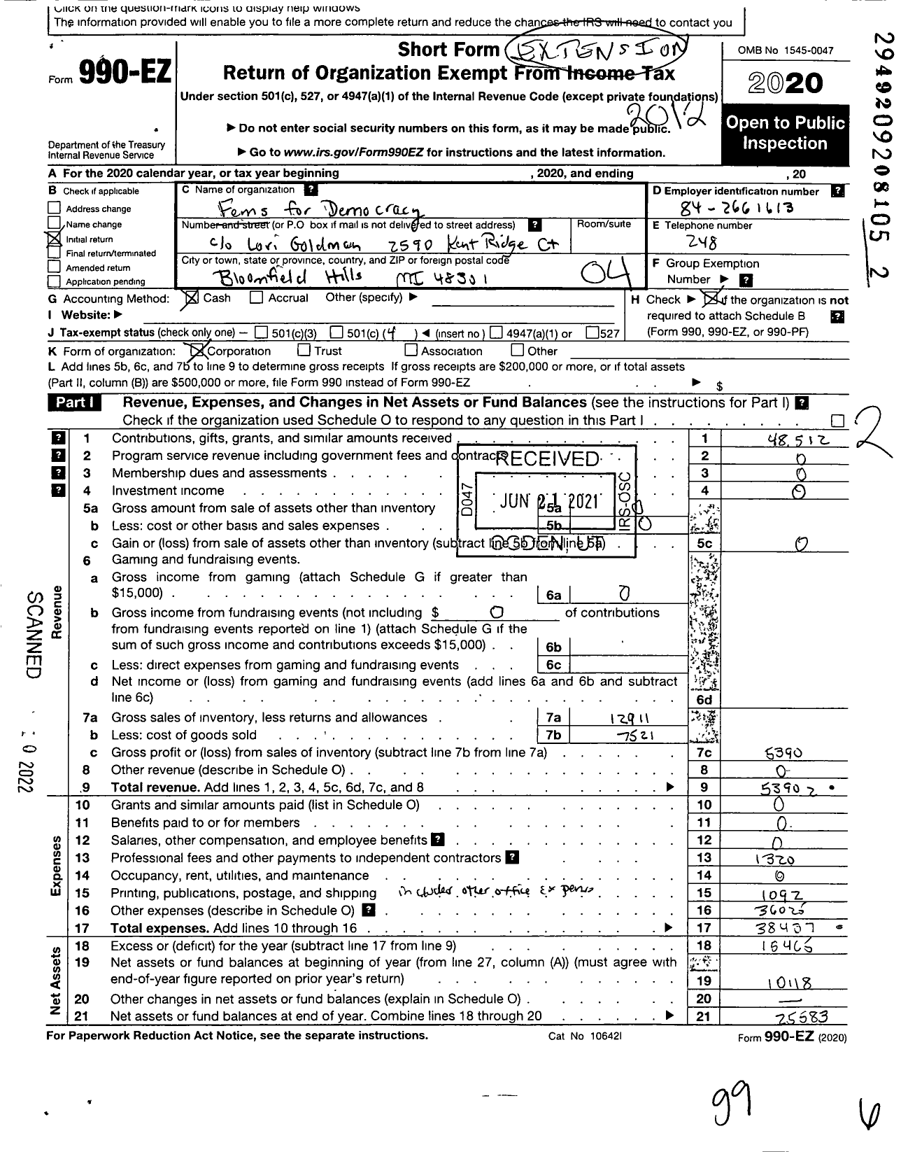 Image of first page of 2020 Form 990EO for Fems for Democracy