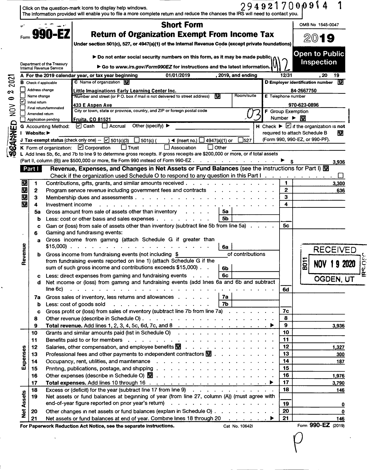 Image of first page of 2019 Form 990EZ for Little Imaginations Early Learning Center