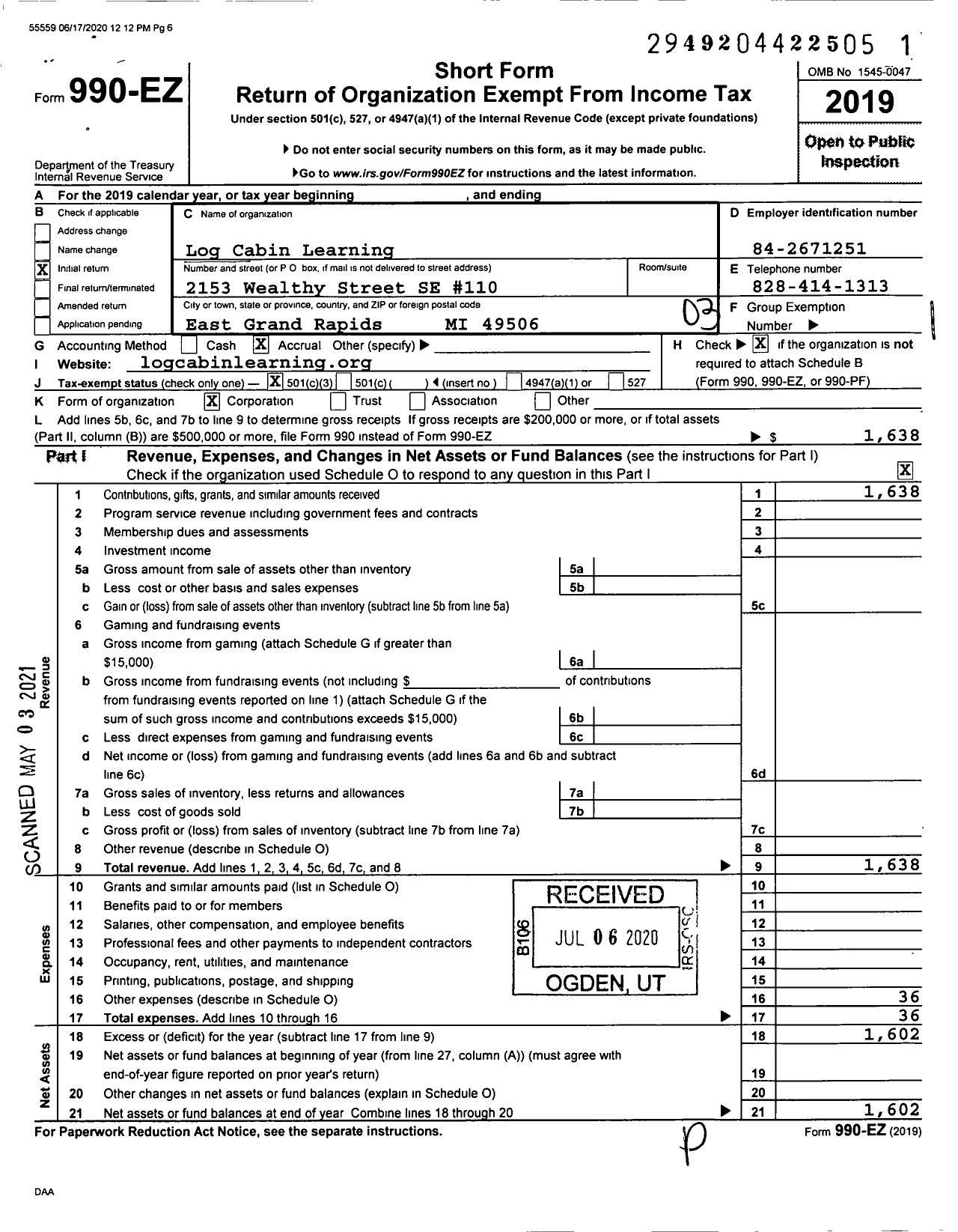 Image of first page of 2019 Form 990EZ for Log Cabin Learning