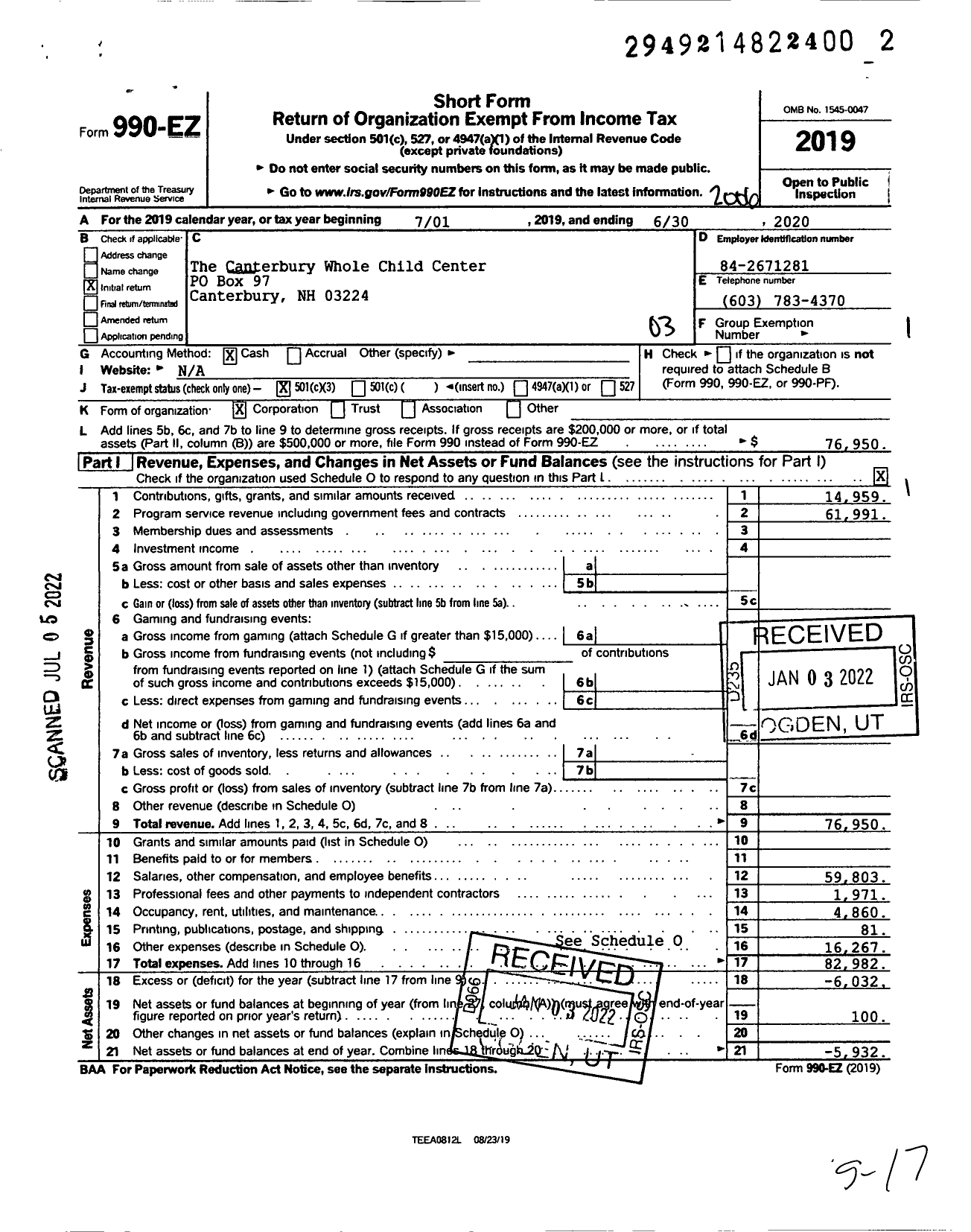 Image of first page of 2019 Form 990EZ for The Canterbury Whole Child Center