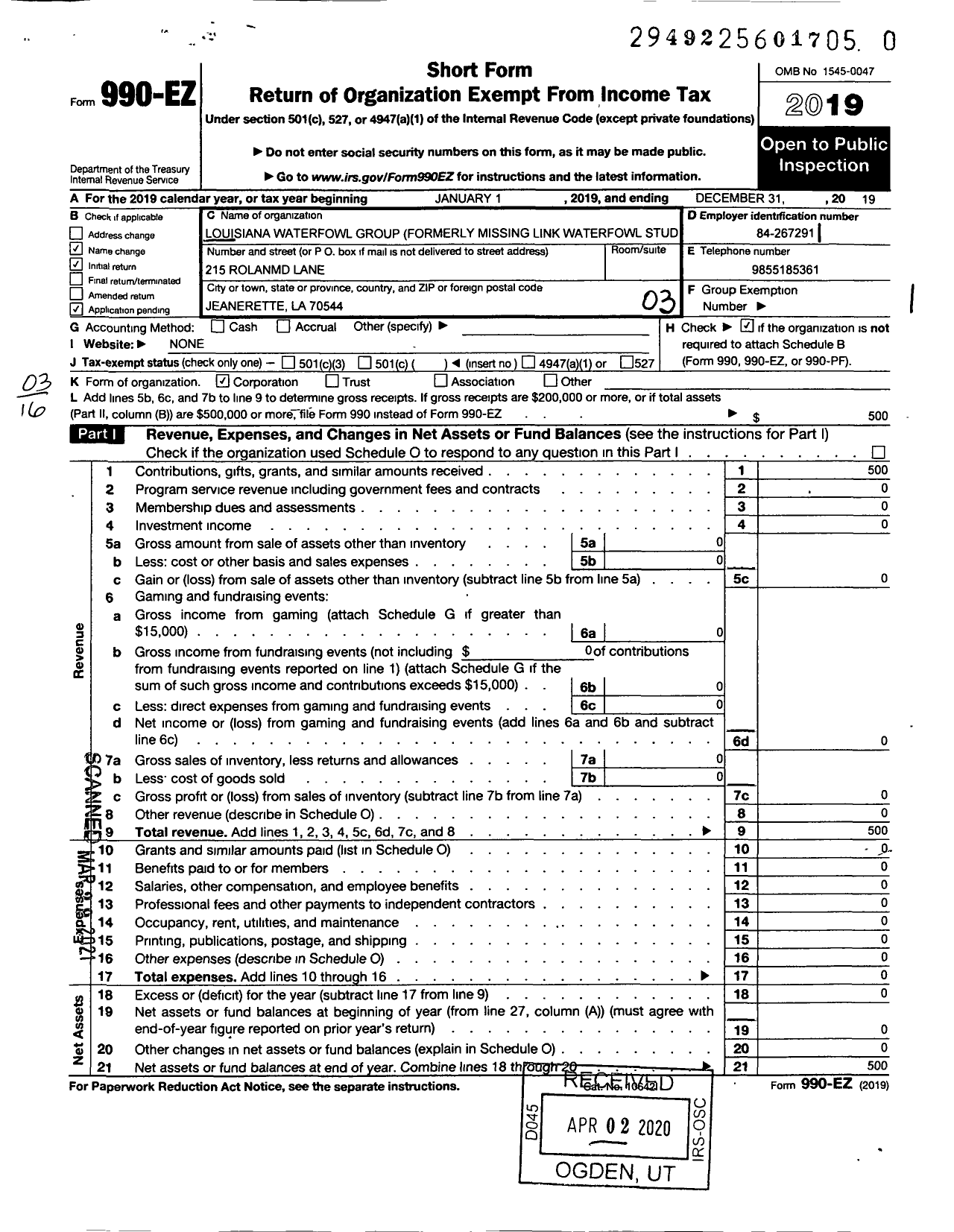 Image of first page of 2019 Form 990EZ for Louisiana Waterfowl Working Group