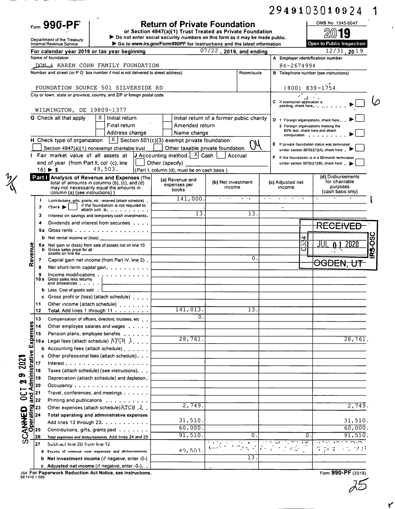 Image of first page of 2019 Form 990PF for Don & Karen Cohn Family Foundation