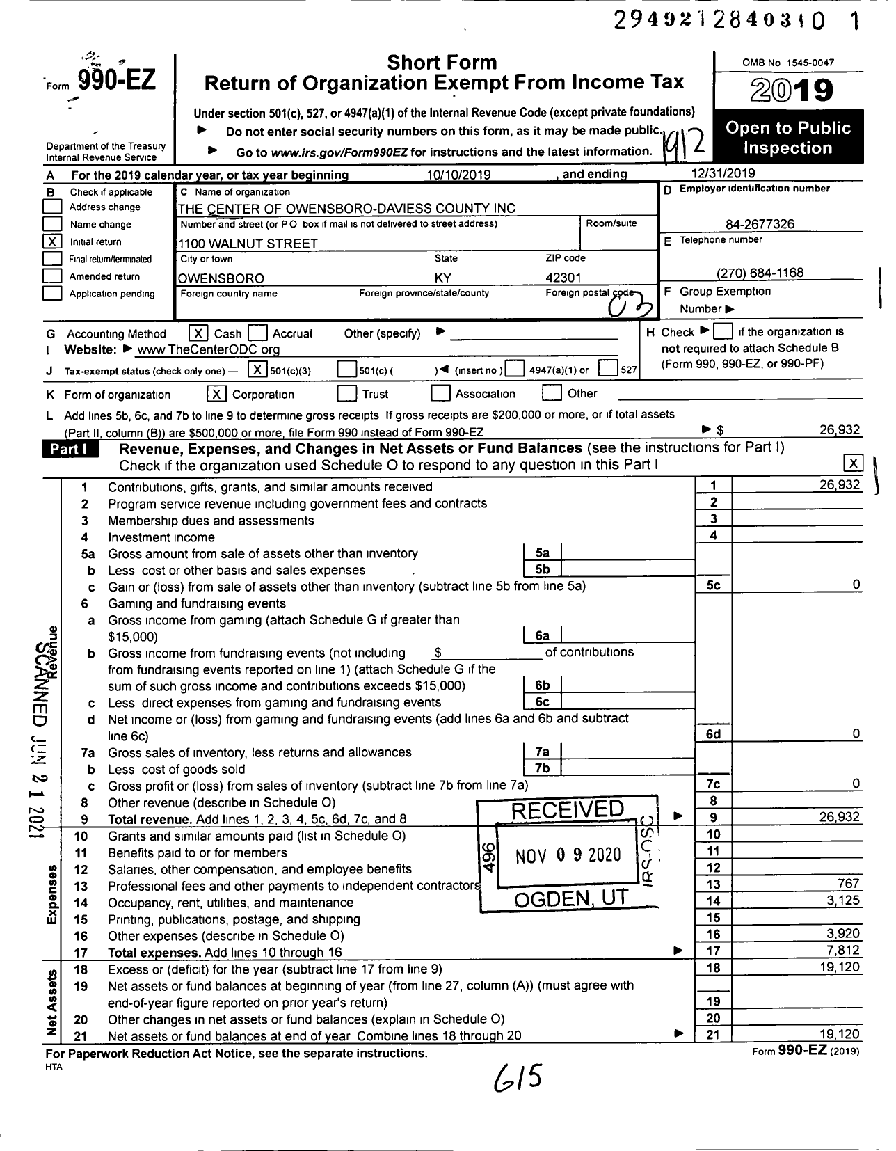 Image of first page of 2019 Form 990EZ for The Center of Owensboro-Daviess County