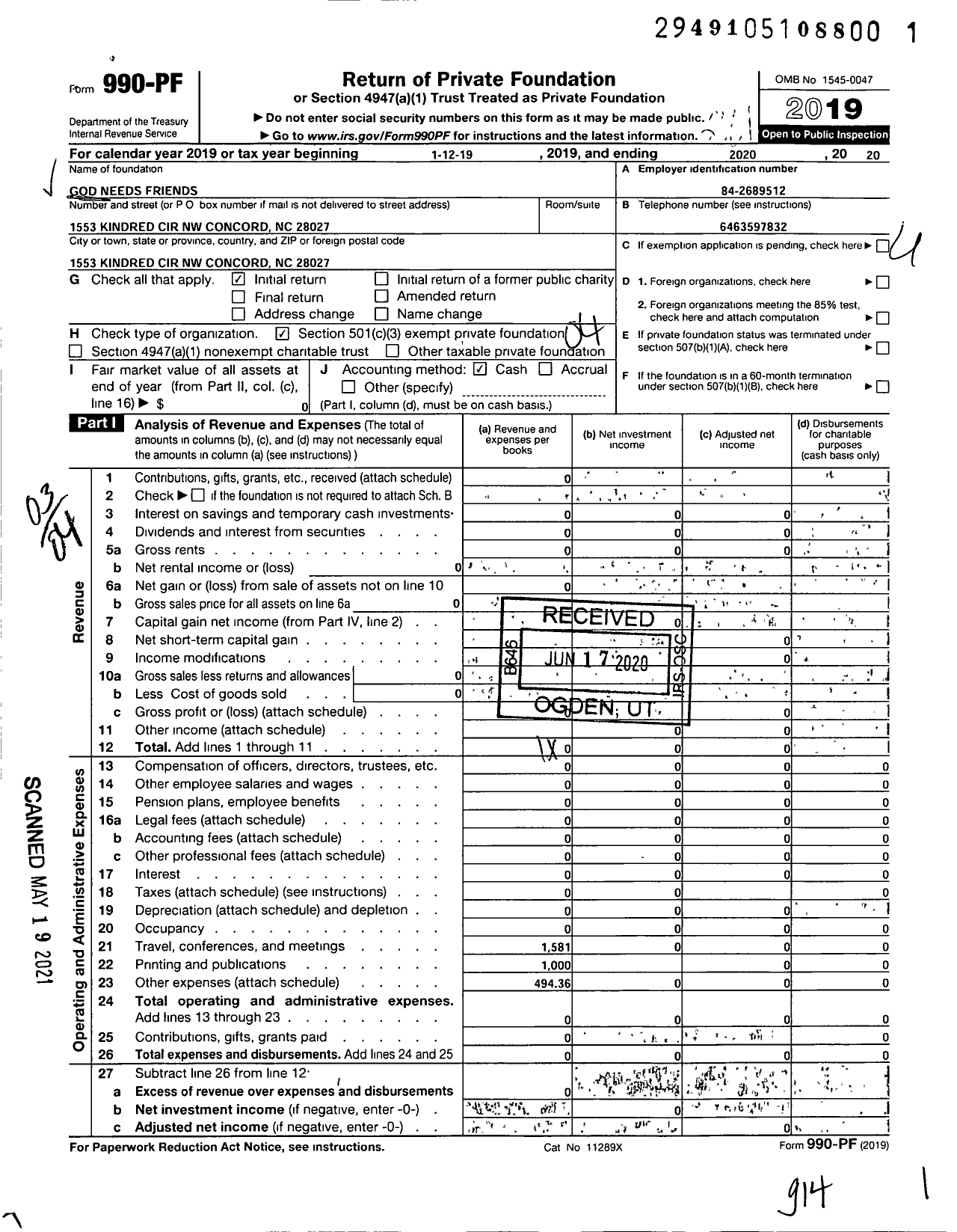 Image of first page of 2019 Form 990PF for God Needs Friends