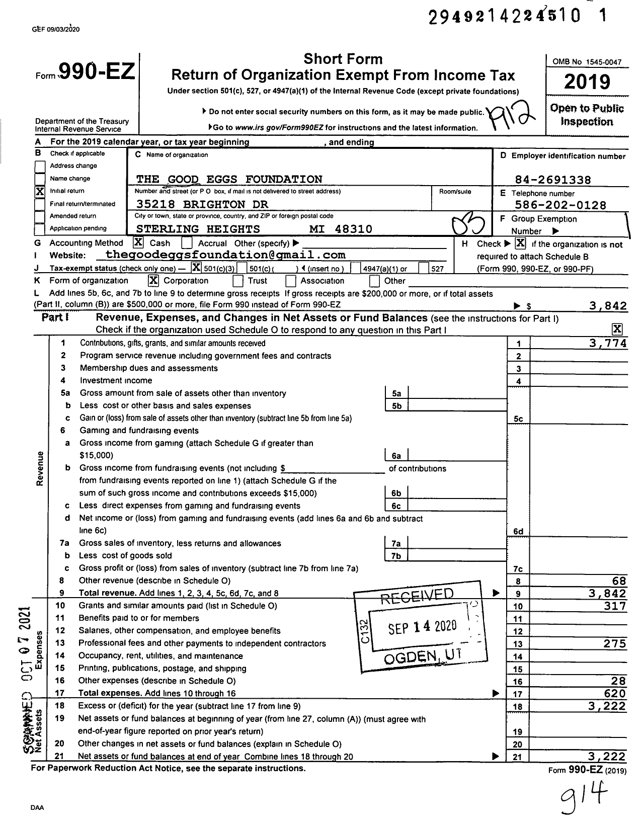 Image of first page of 2019 Form 990EZ for The Good Eggs Foundation