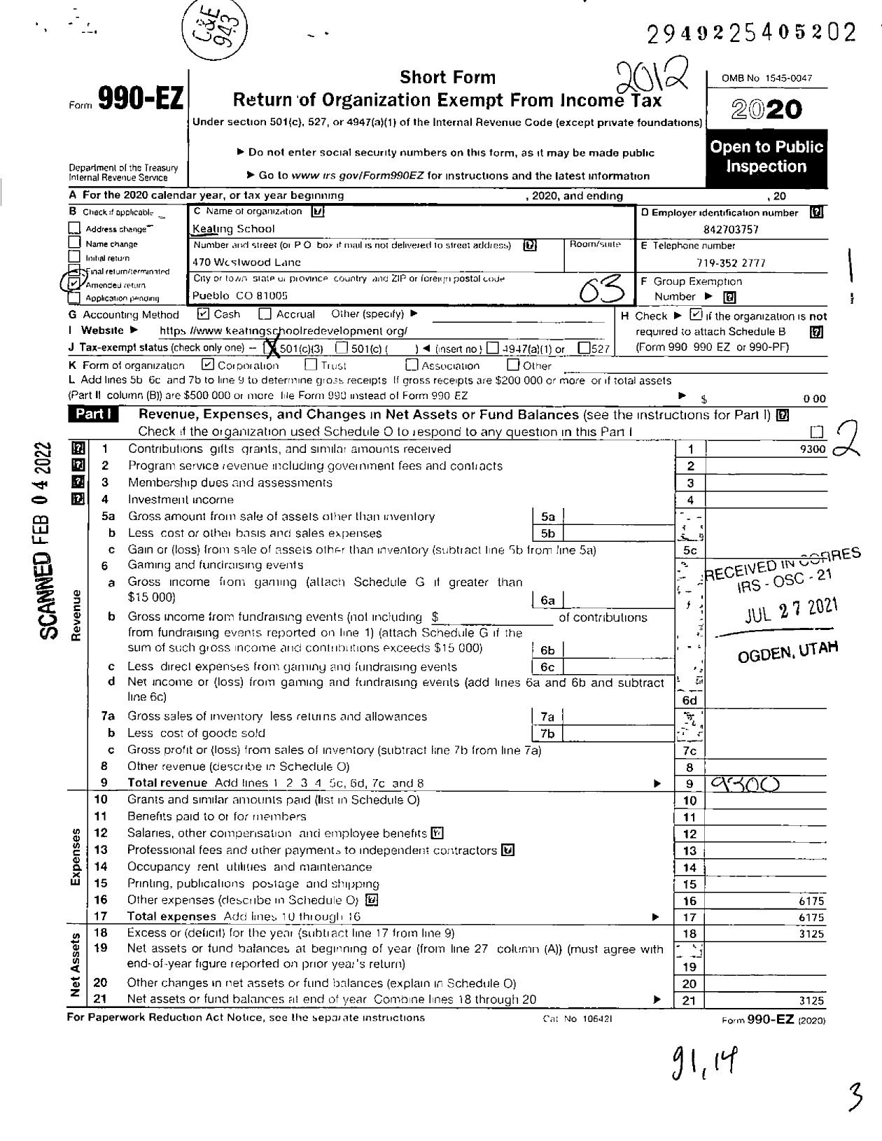 Image of first page of 2020 Form 990EZ for Keating School