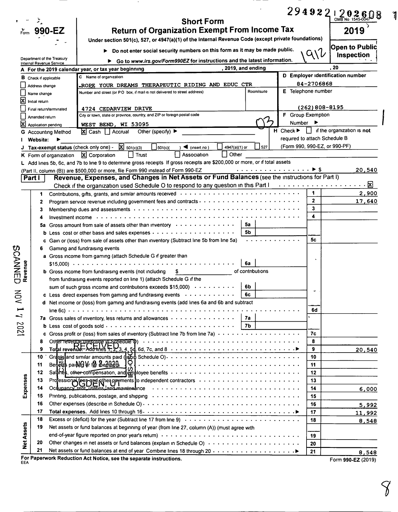 Image of first page of 2019 Form 990EZ for Rope Your Dreams Therapeutic Riding and Educ Center