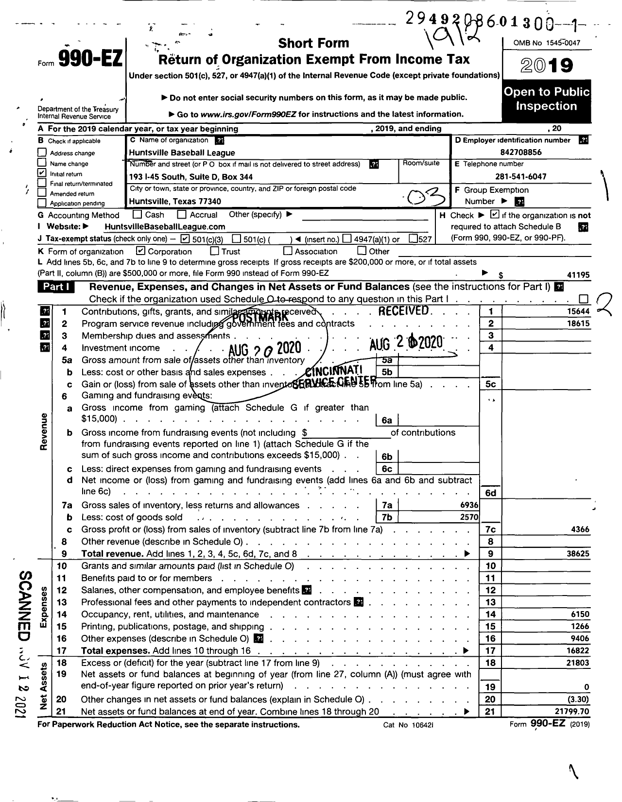 Image of first page of 2019 Form 990EZ for Huntsville Baseball League