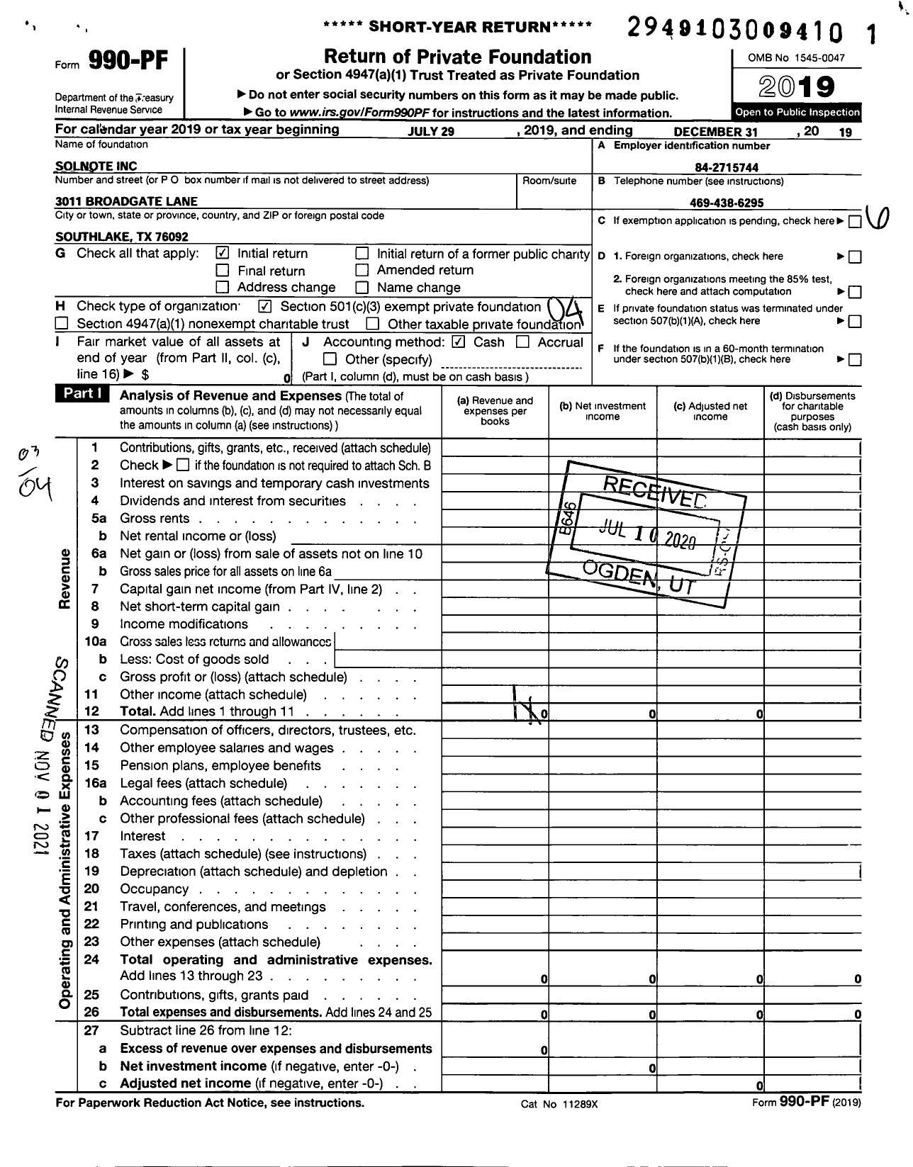 Image of first page of 2019 Form 990PF for Solnote