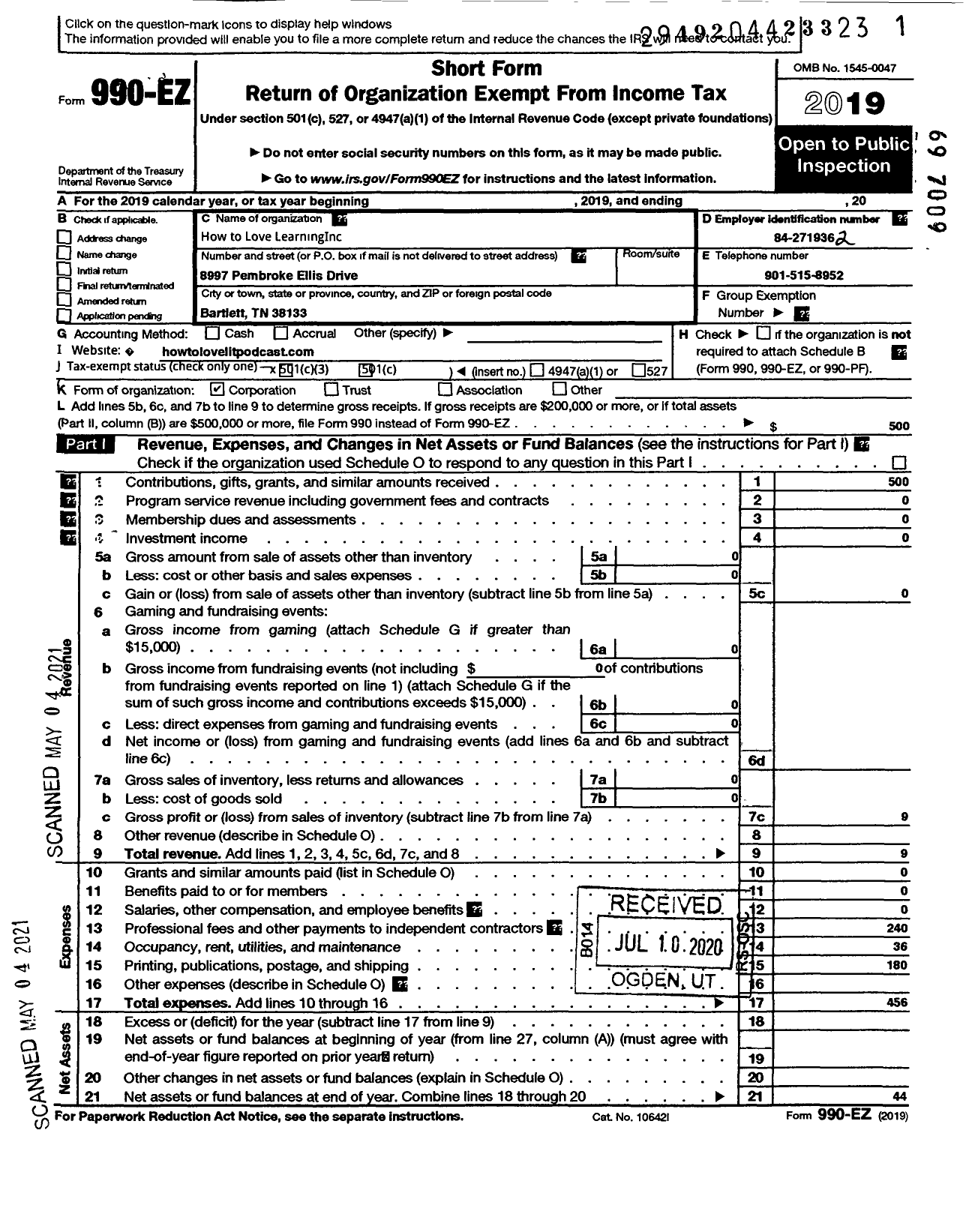 Image of first page of 2019 Form 990EZ for How To Love Learning
