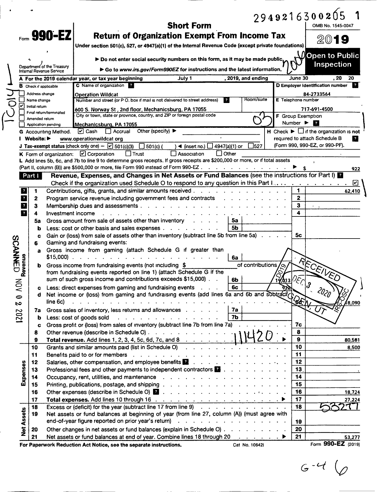 Image of first page of 2019 Form 990EZ for Operation Wildcat