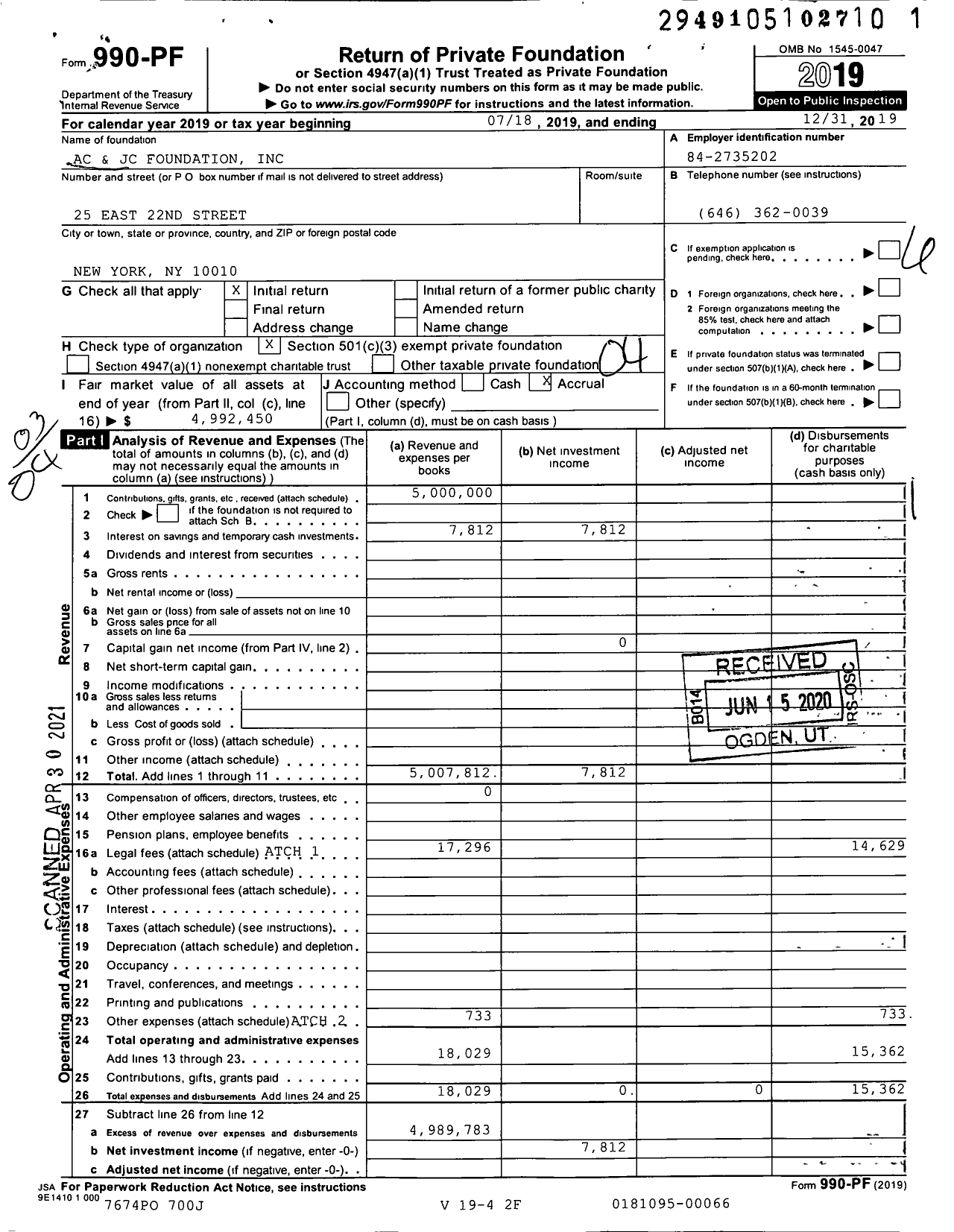 Image of first page of 2019 Form 990PF for Ac and JC Foundation