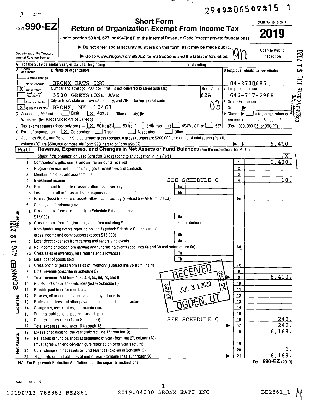 Image of first page of 2019 Form 990EZ for Bronx Eats