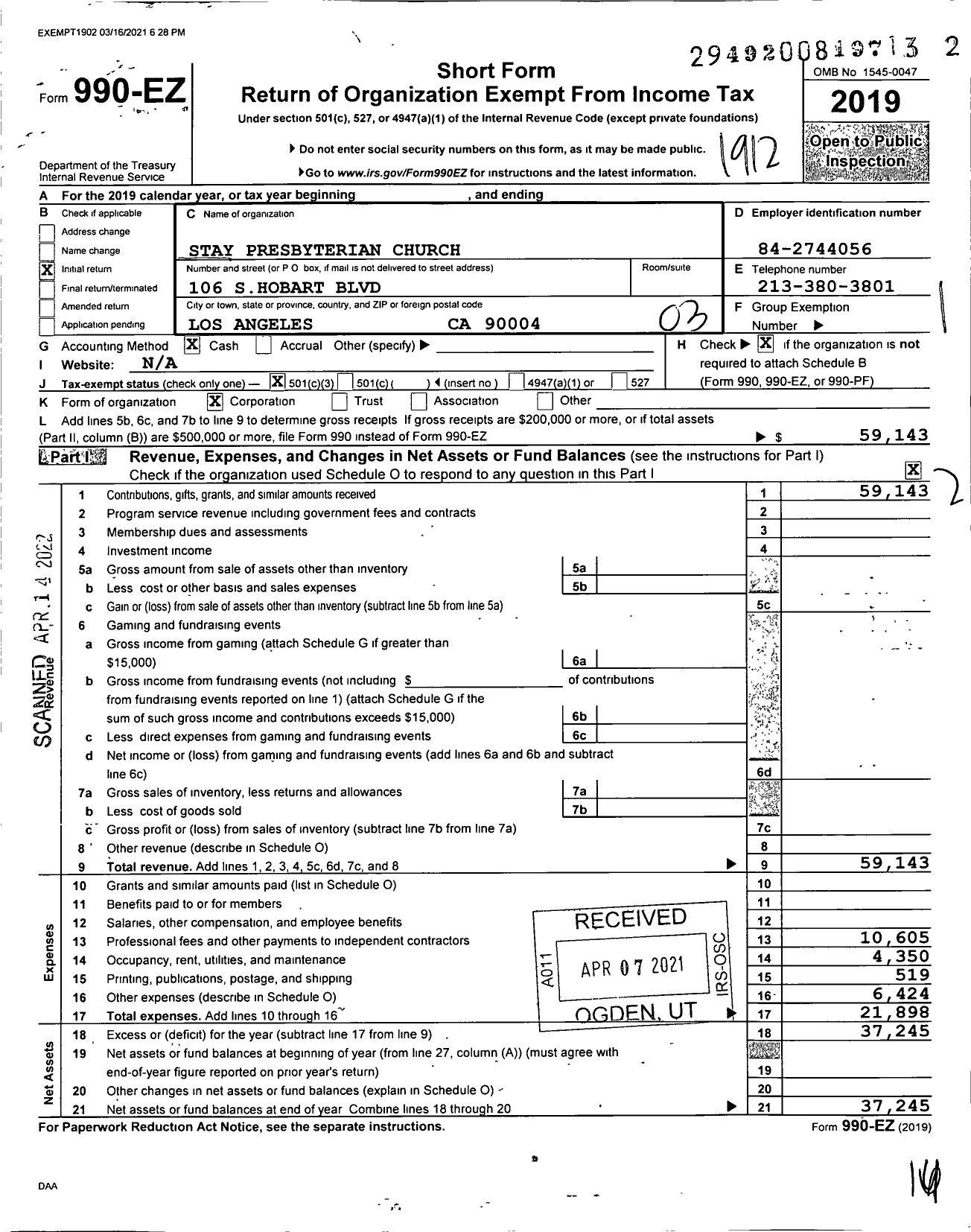 Image of first page of 2019 Form 990EZ for Stay Presbyterian Church