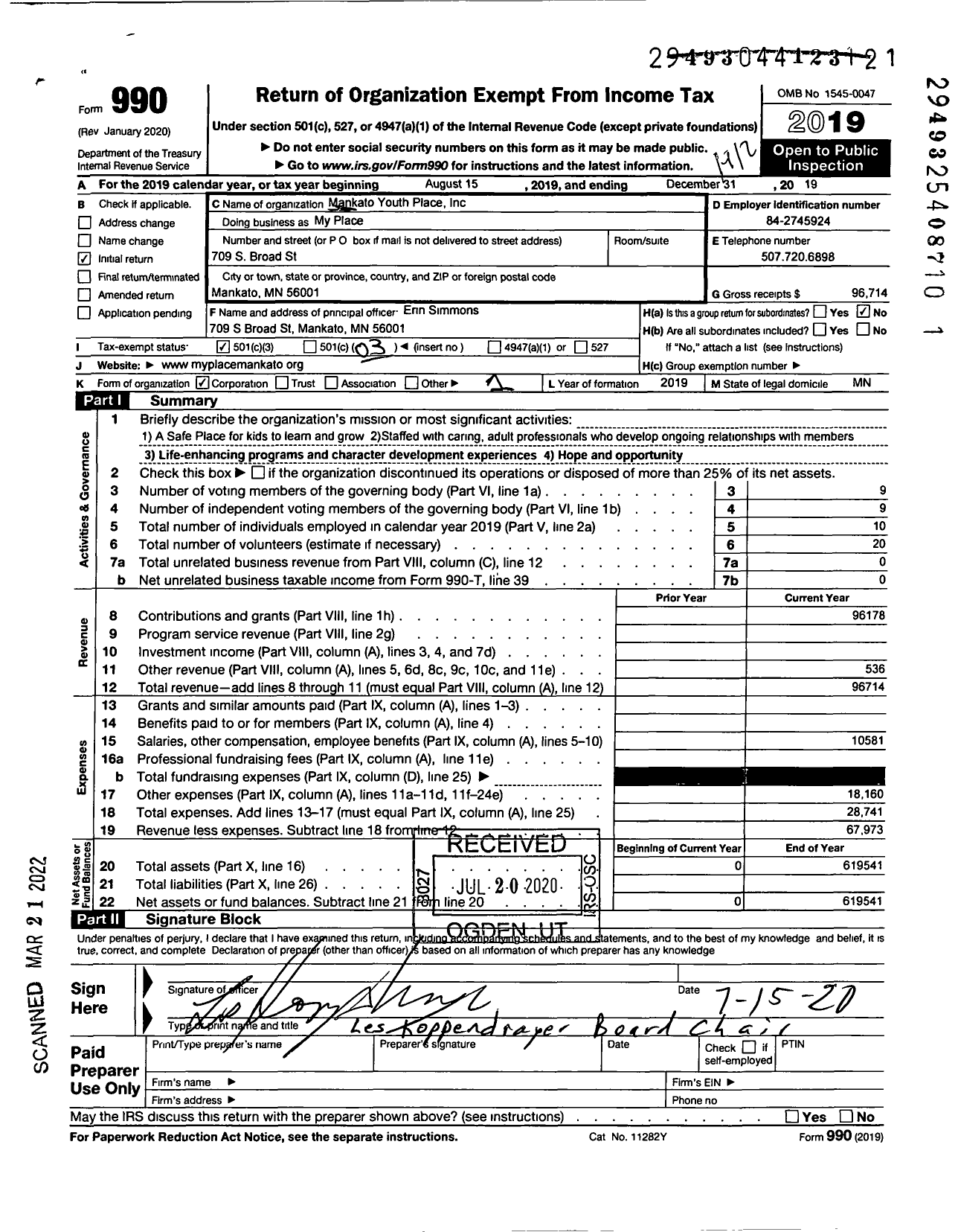 Image of first page of 2019 Form 990 for My Place / Mankato Youth Place Inc